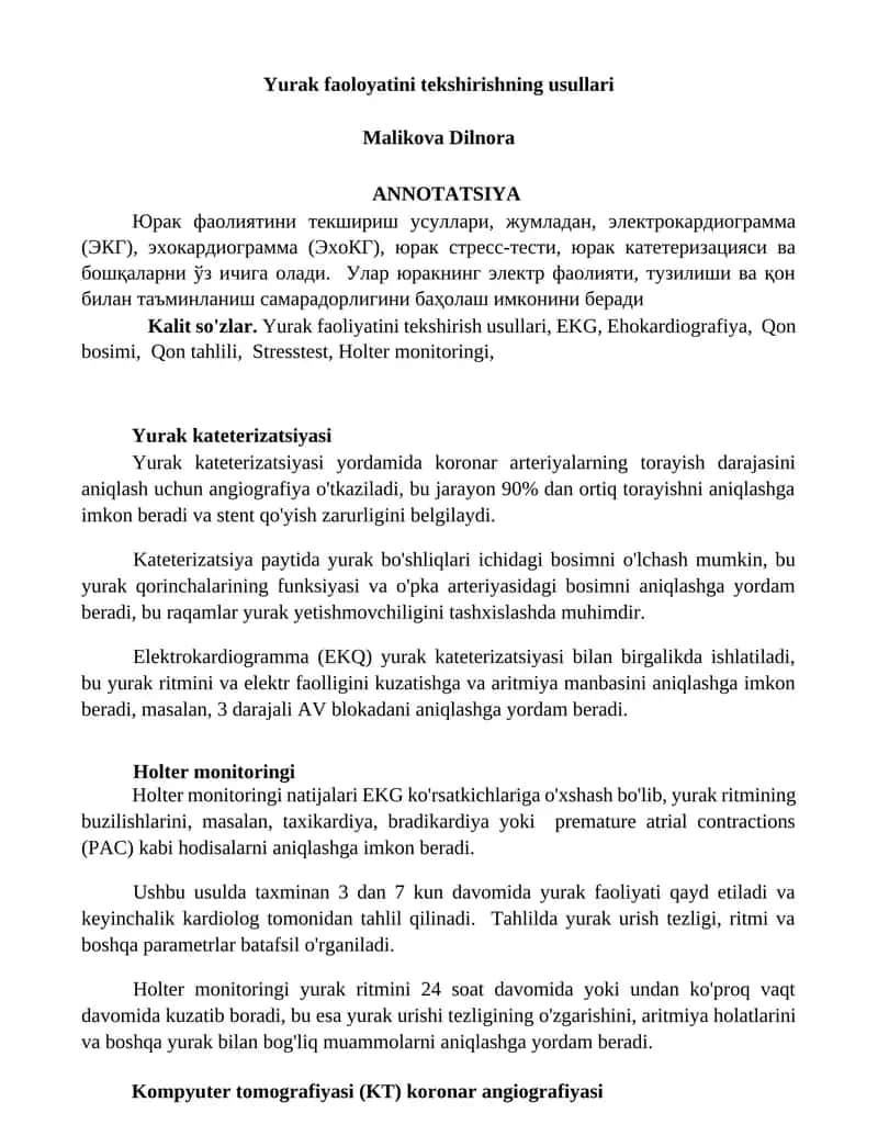 Yurak faoloyatini tekshirishning usullari