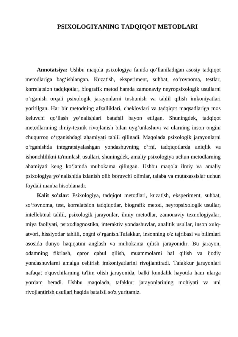 PSIXOLOGIYANING TADQIQOT METODLARI