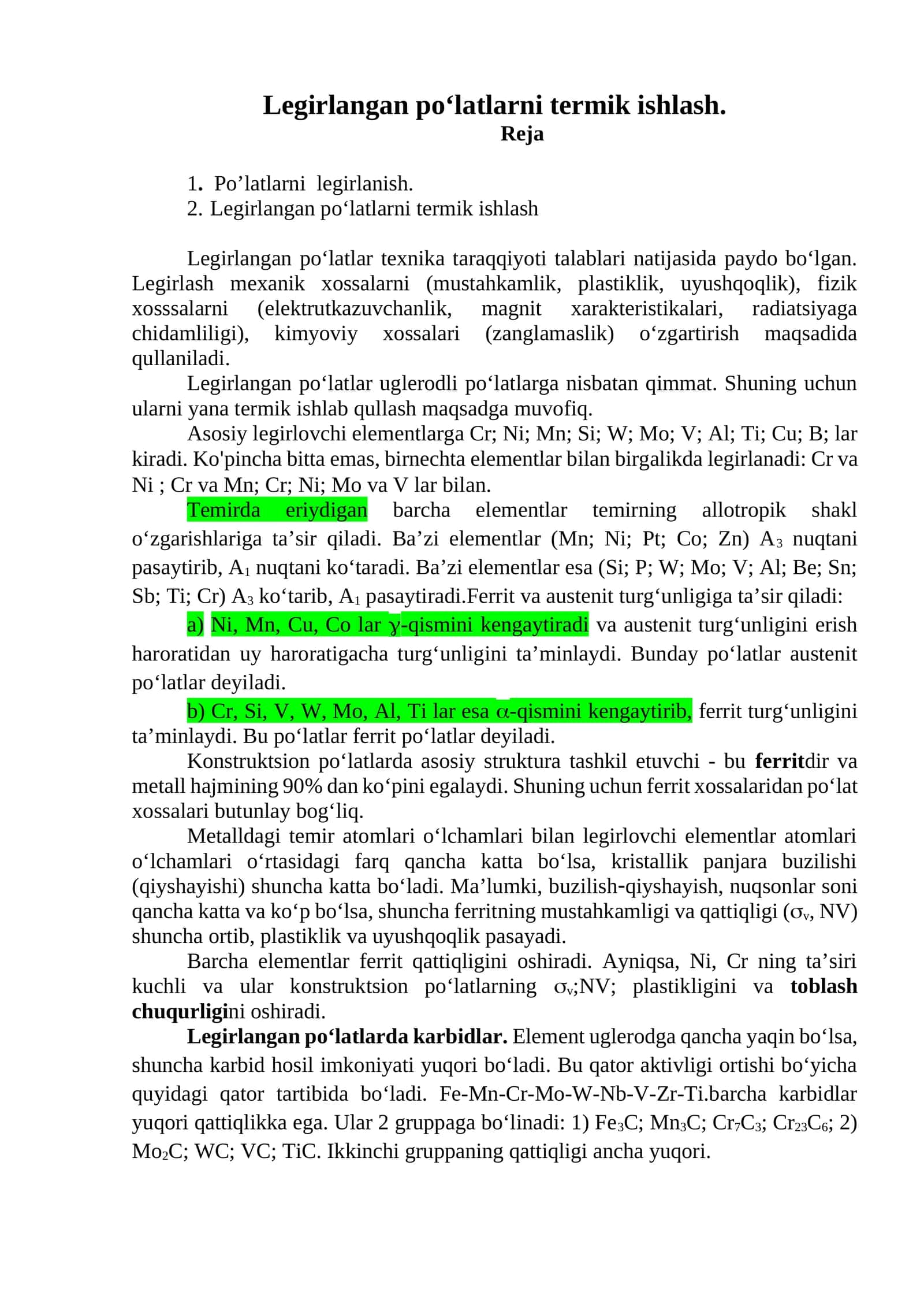Legirlangan po‘latlarni termik ishlash