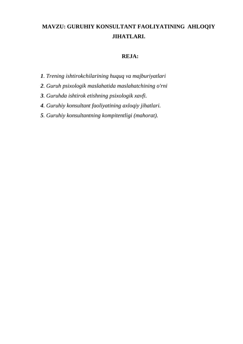 Guruh psixologik maslahatida maslahatchining o'rni