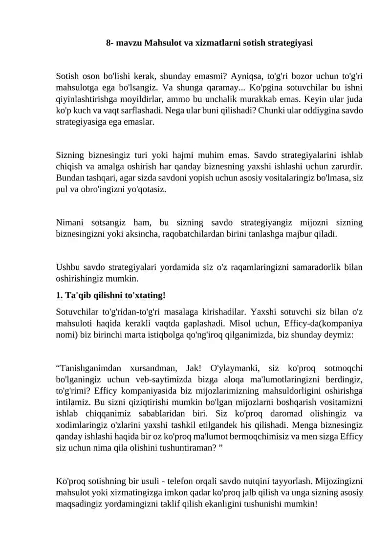 Mahsulot va xizmatlarni sotish strategiyasi