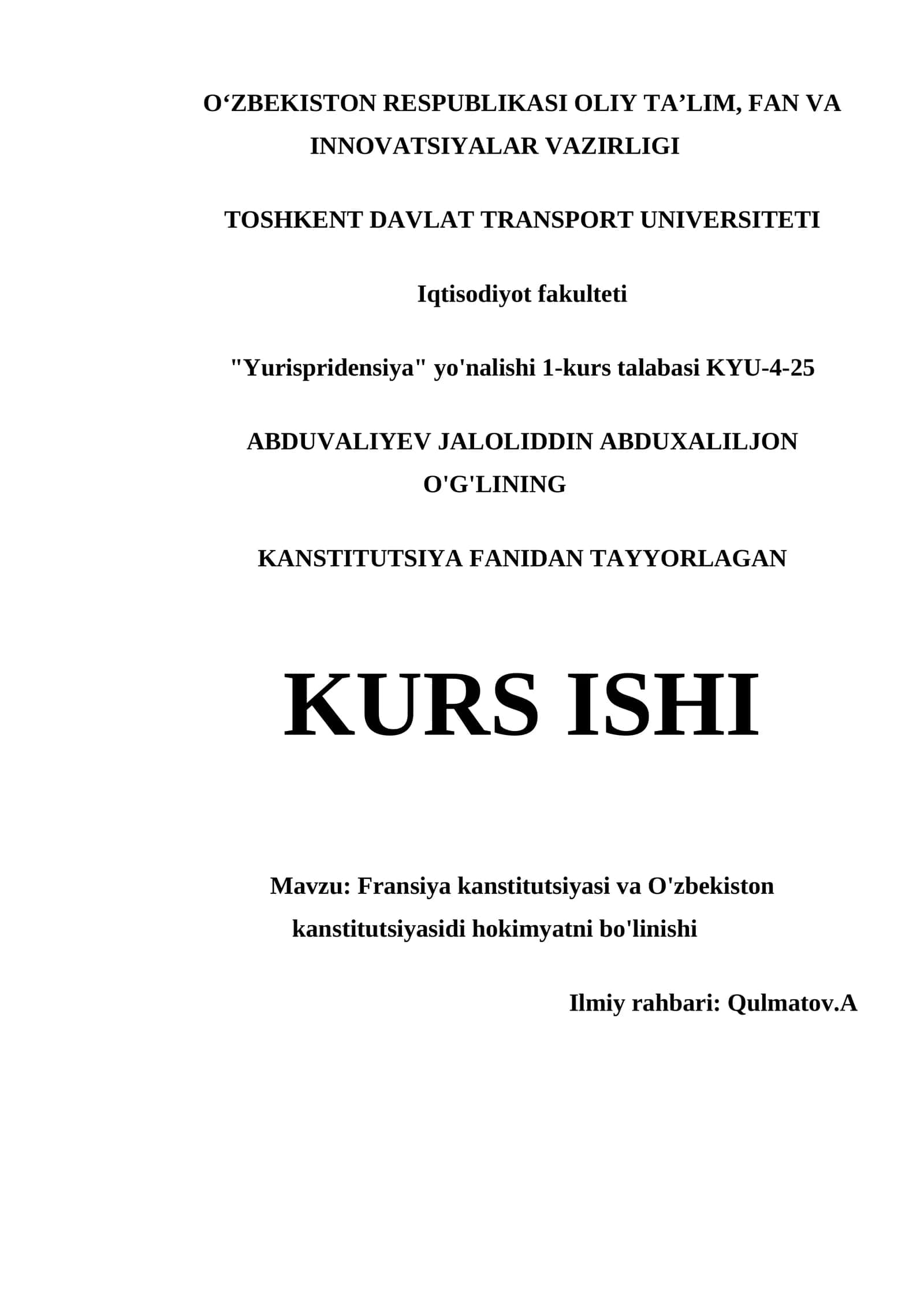 KURS ISHI: Fransiya kanstitutsiyasi va O'zbekiston kanstitutsiyasidi hokimyatni bo'linishi
