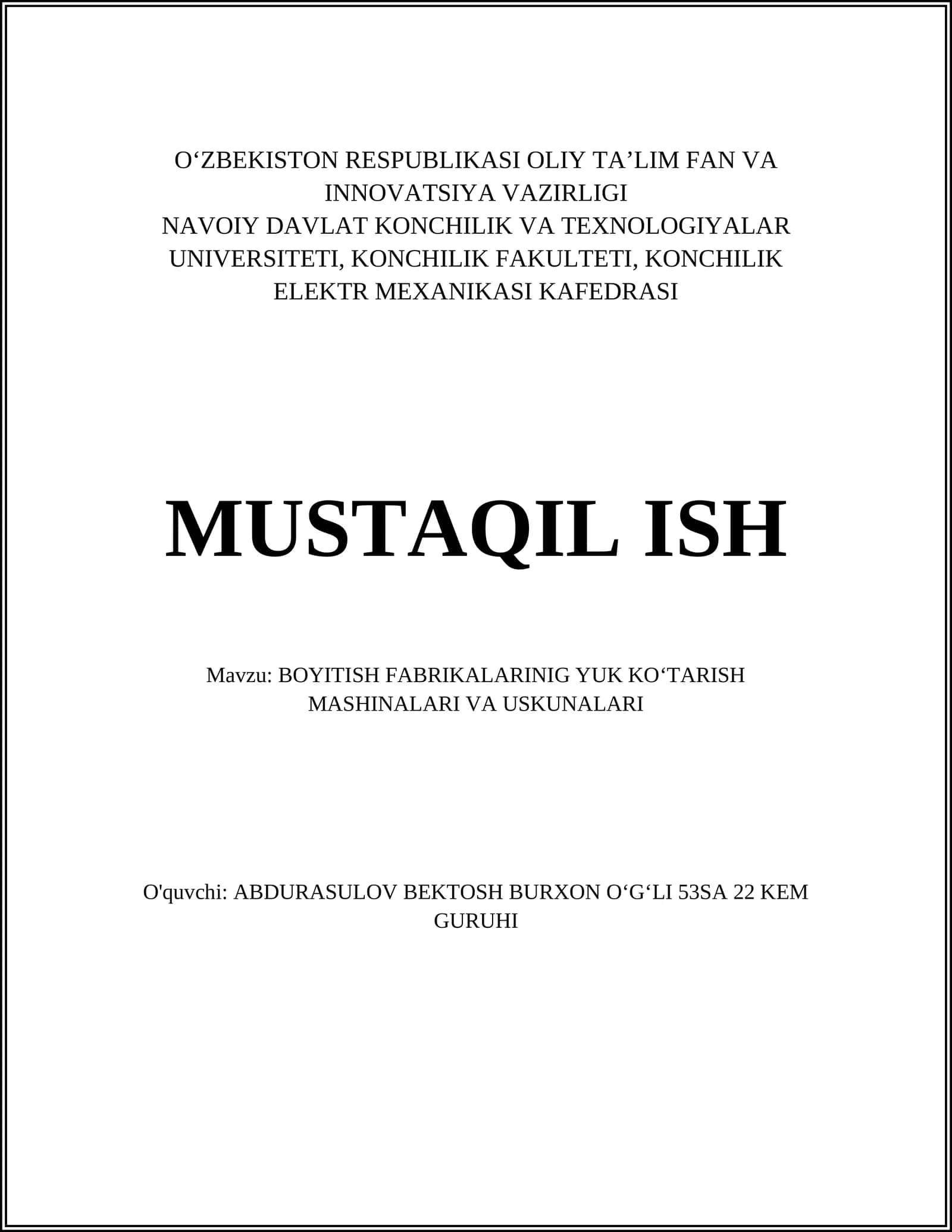BOYITISH FABRIKALARINIG YUK KOʻTARISH MASHINALARI VA USKUNALARI