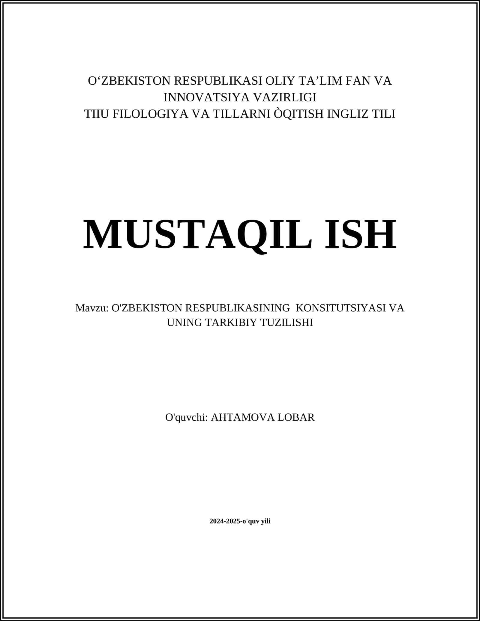 O'ZBEKISTON RESPUBLIKASINING KONSITUTSIYASI VA UNING TARKIBIY TUZILISHI