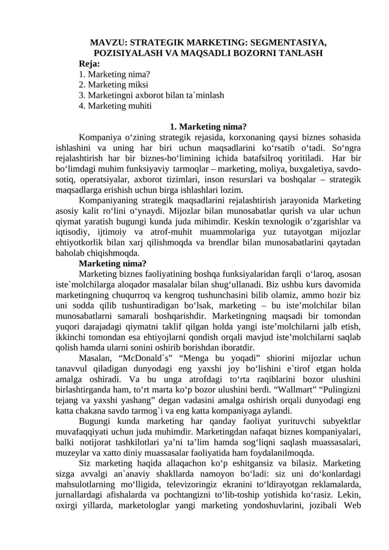 STRATEGIK MARKETING: SEGMENTASIYA, POZISIYALASH VA MAQSADLI BOZORNI TANLASH