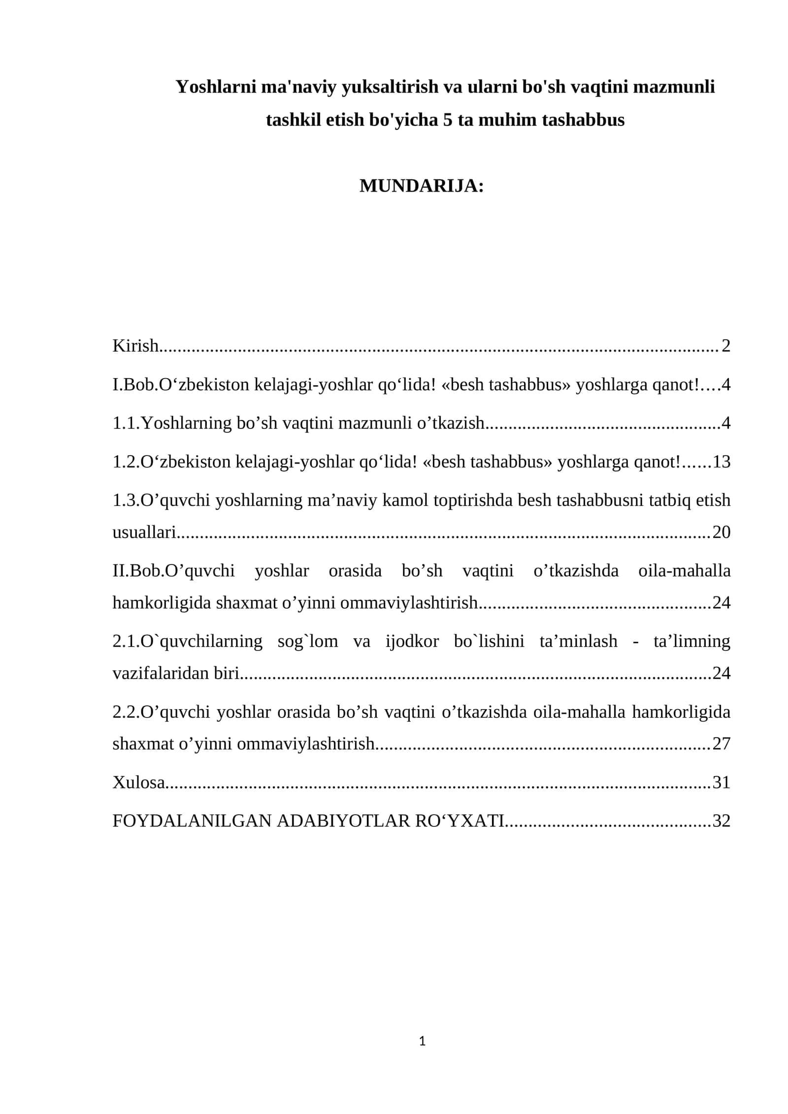 Yoshlarni ma'naviy yuksaltirish va ularni bo'sh vaqtini mazmunli tashkil etish bo'yicha 5 ta muhim tashabbus