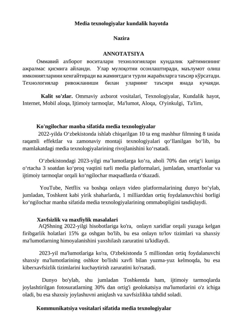 Media texnologiyalar kundalik hayotda