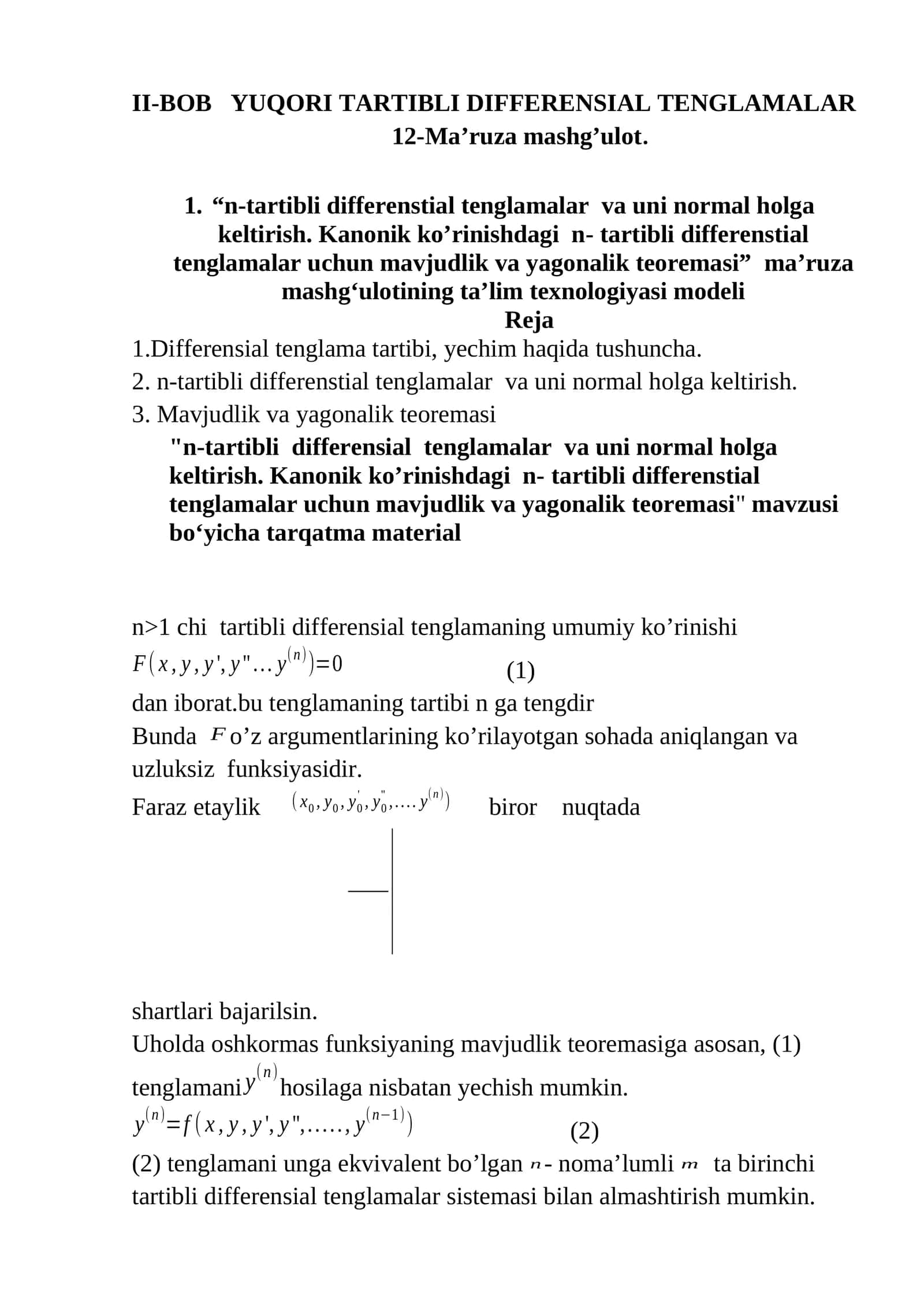 n-tartibli differensial tenglamalar va uni normal holga keltirish