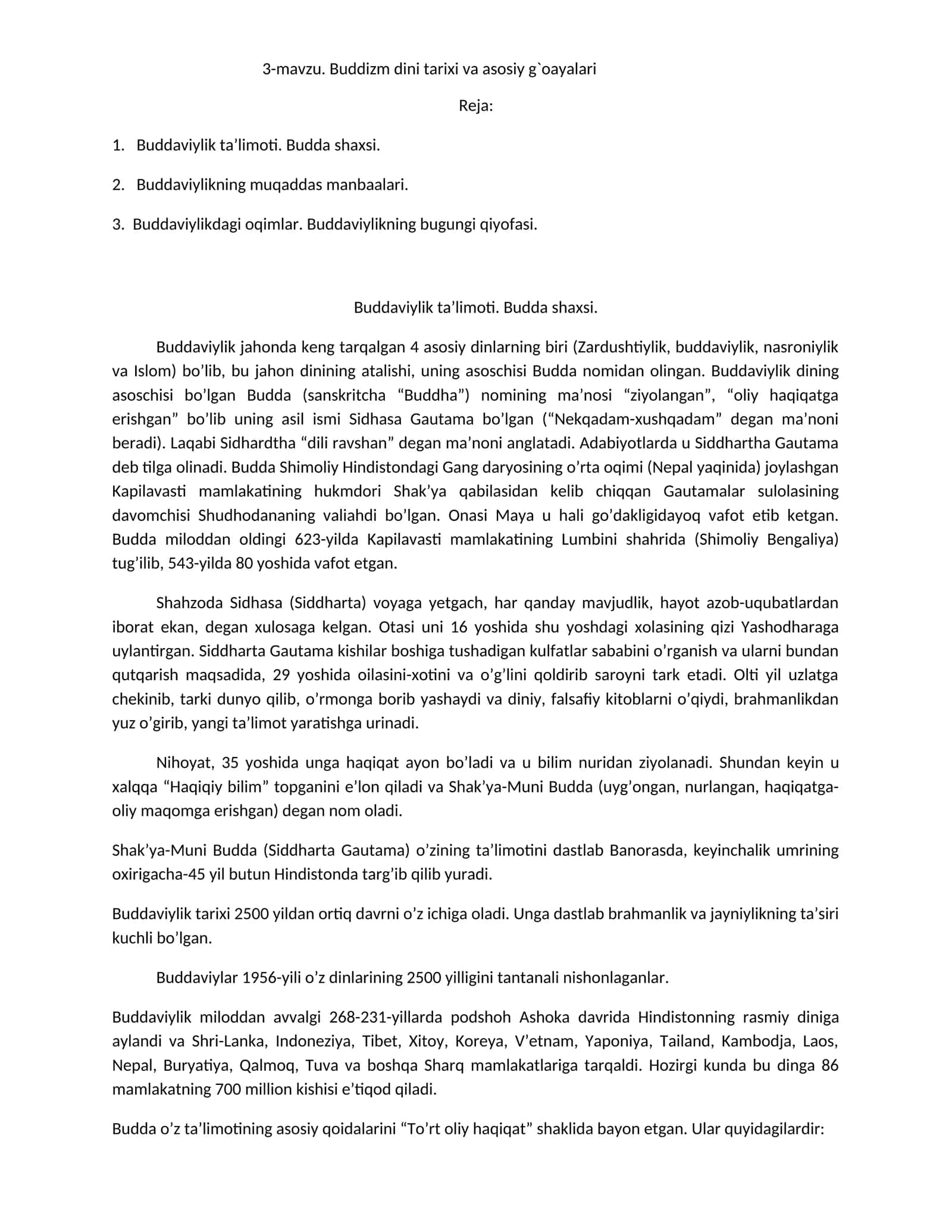 Buddizm dini tarixi va asosiy g`oayalari