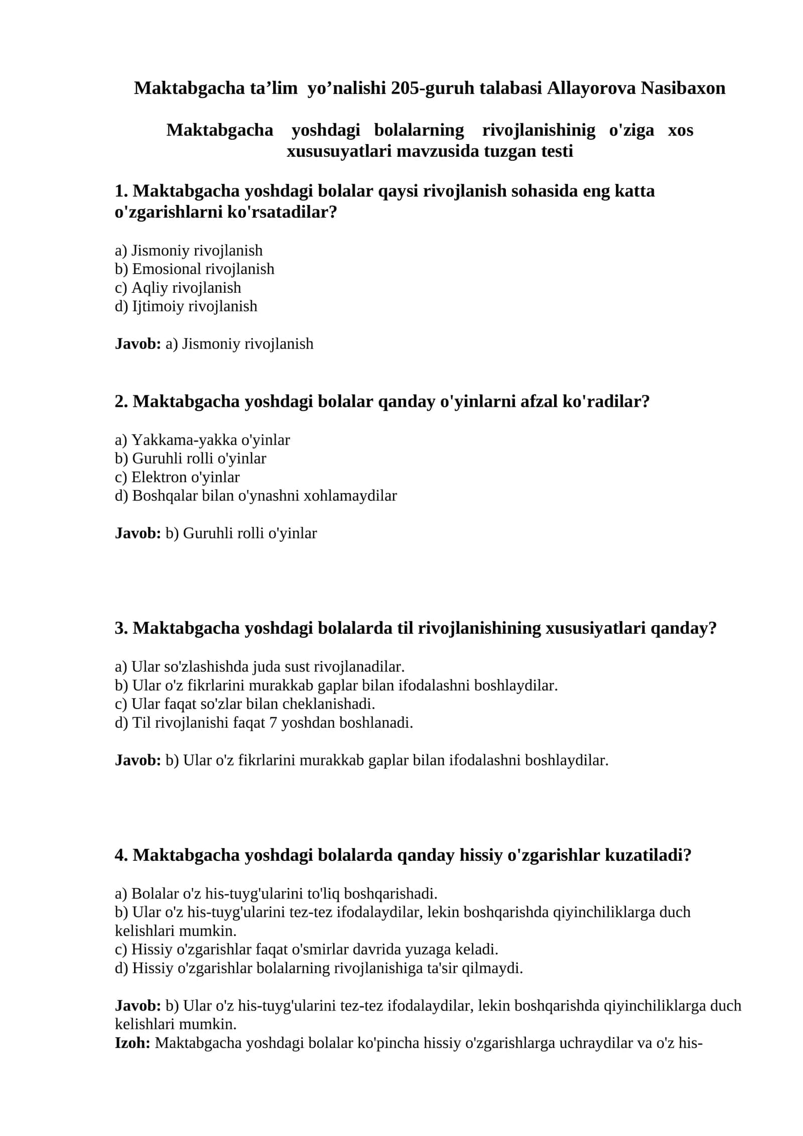 Maktabgacha yoshdagi bolalarning rivojlanishining xususiylari