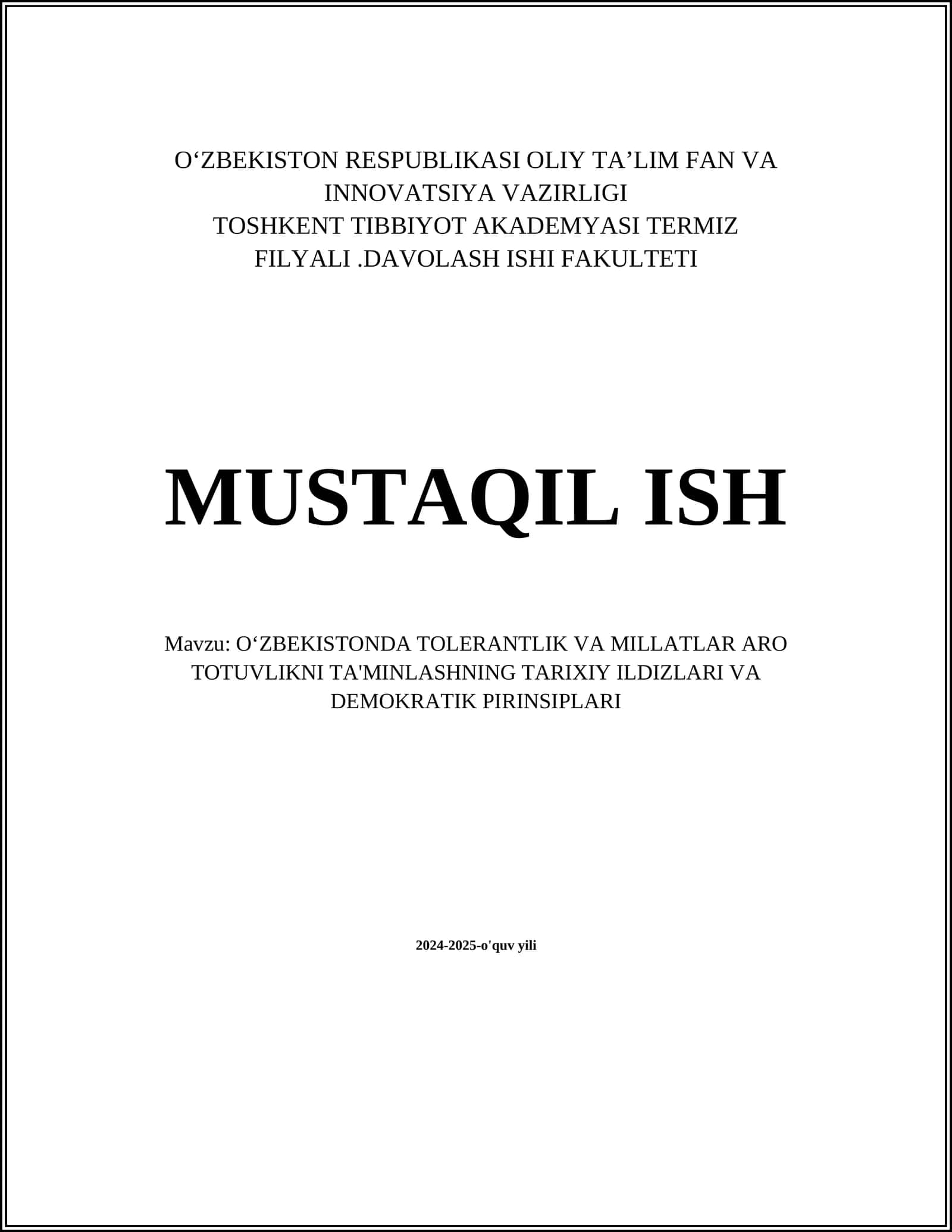 OʻZBEKISTONDA TOLERANTLIK VA MILLATLAR ARO TOTUVLIKNI TA'MINLASHNING TARIXIY ILDIZLARI VA DEMOKRATIK PIRINSIPLARI