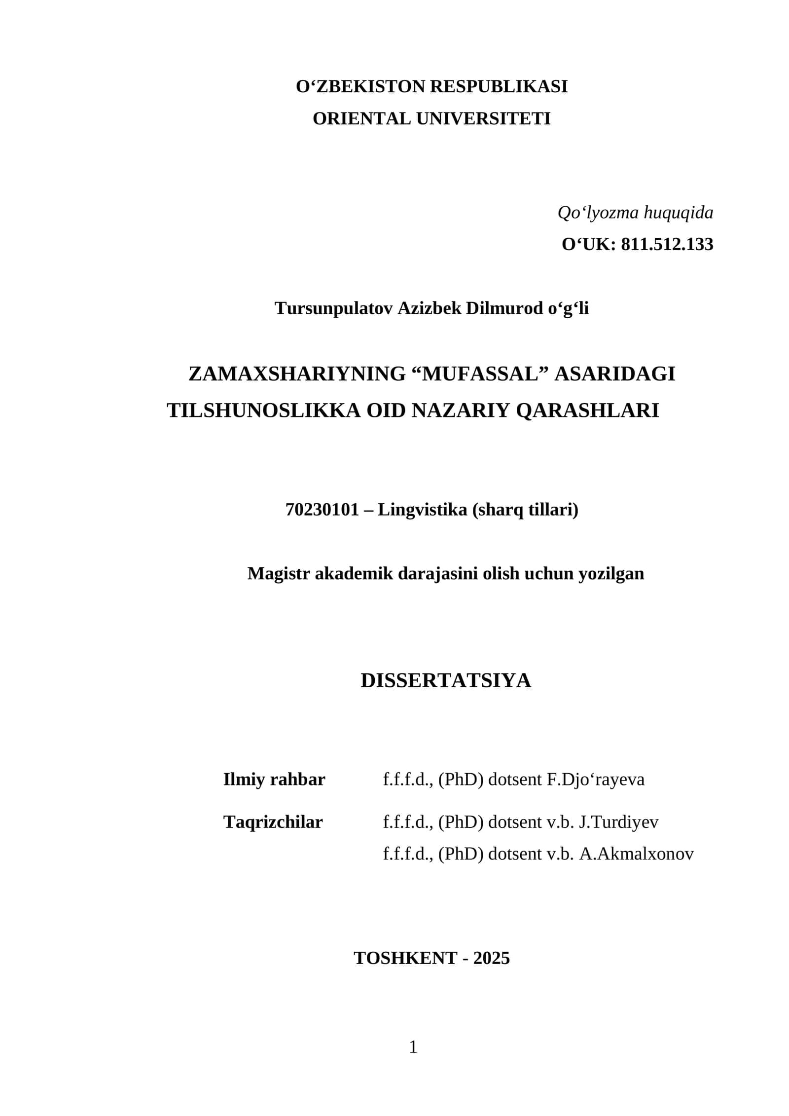 Zamaxshariynning "Mufassal" asaridagi Tilshunoslikka oid Nazariy Qarashlari