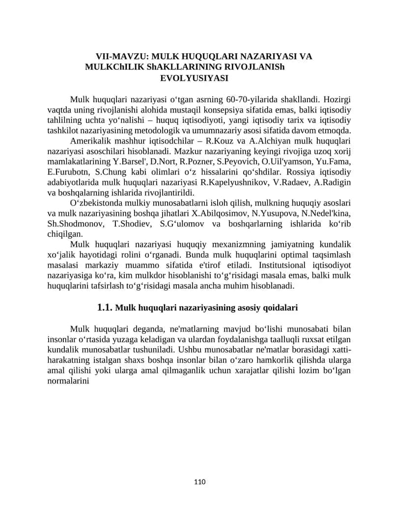 MULK HUQUQLARI NAZARIYASI VA MULKChILIK ShAKLLARINING RIVOJLANISh EVOLYUSIYASI