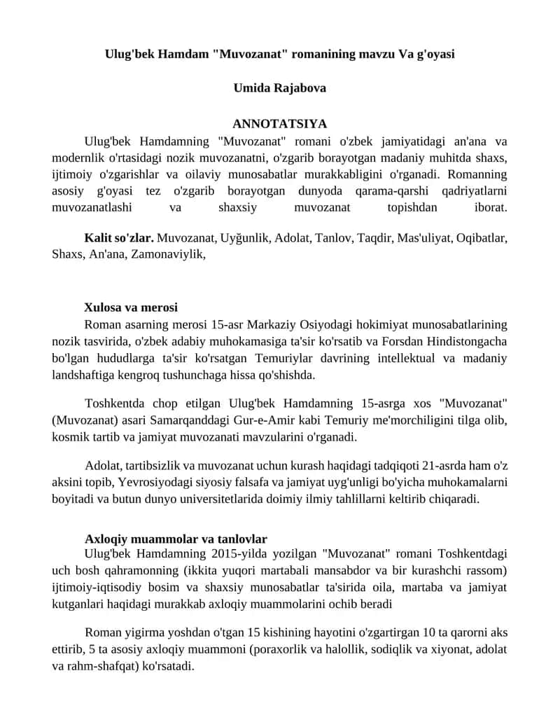"Muvozanat" romanining mavzu Va g'oyasi