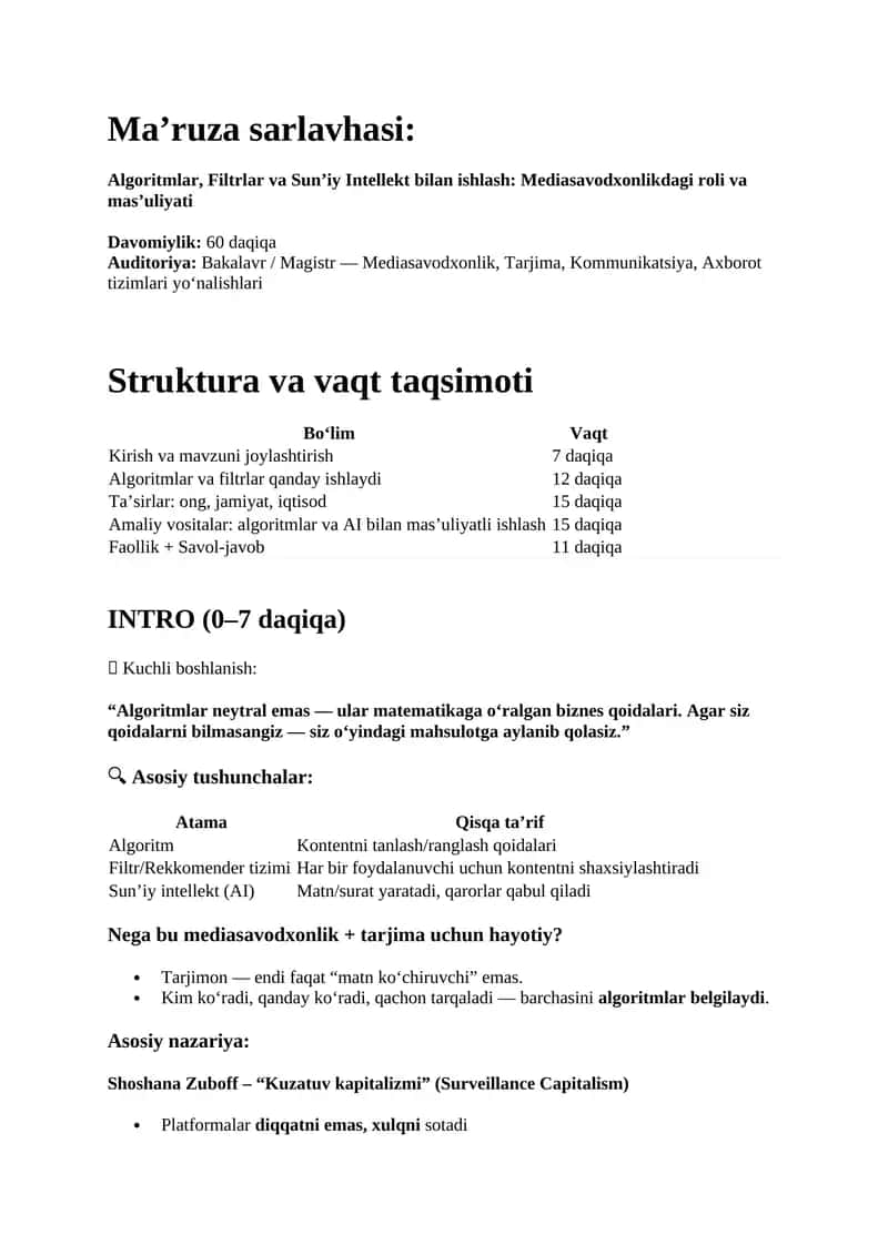 Algoritmlar, Filtrlar va Sun’iy Intellekt bilan ishlash: Mediasavodxonlikdagi roli va mas’uliyati
