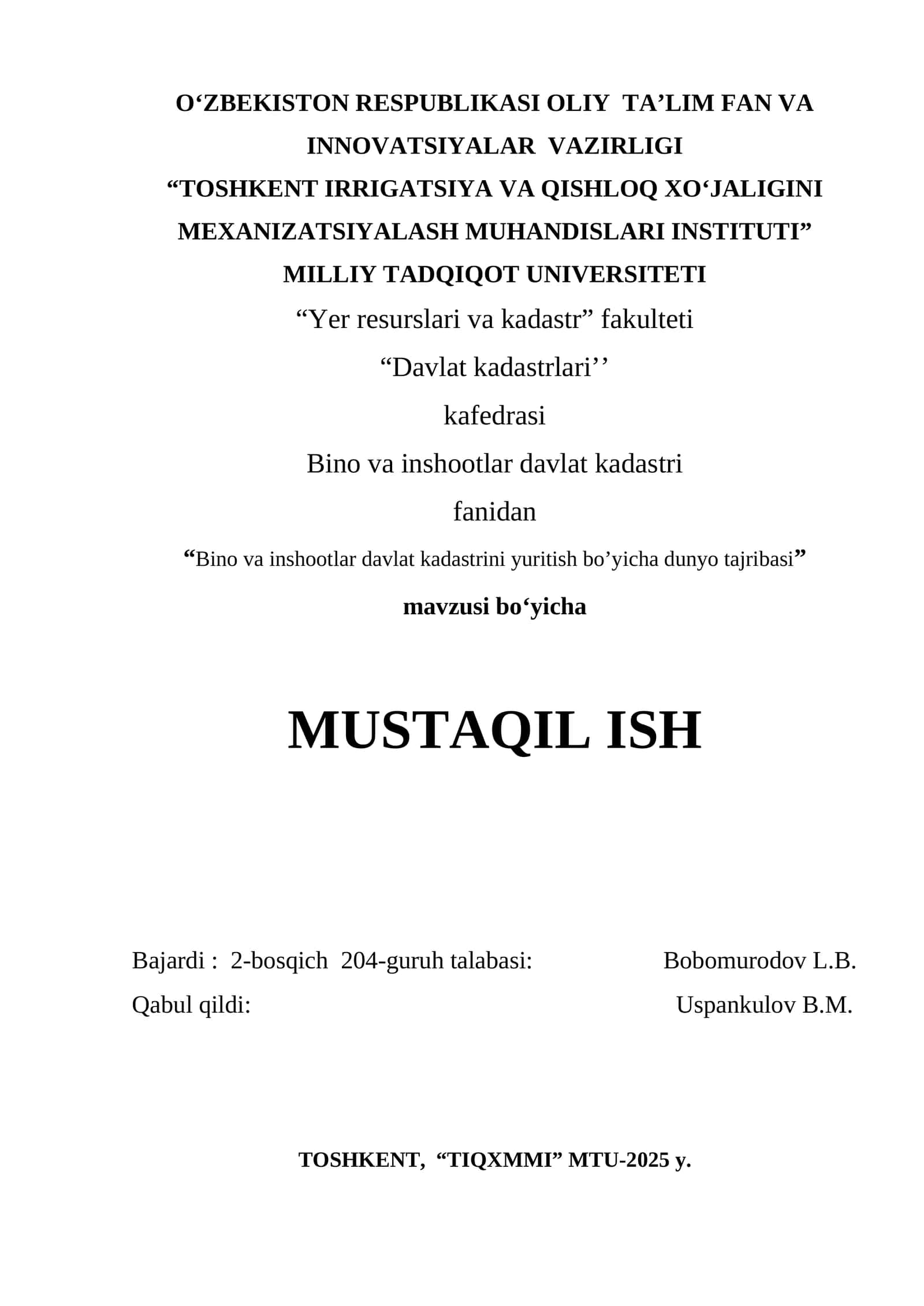 Bino va inshootlar davlat kadastrini yuritish bo’yicha dunyo tajribasi