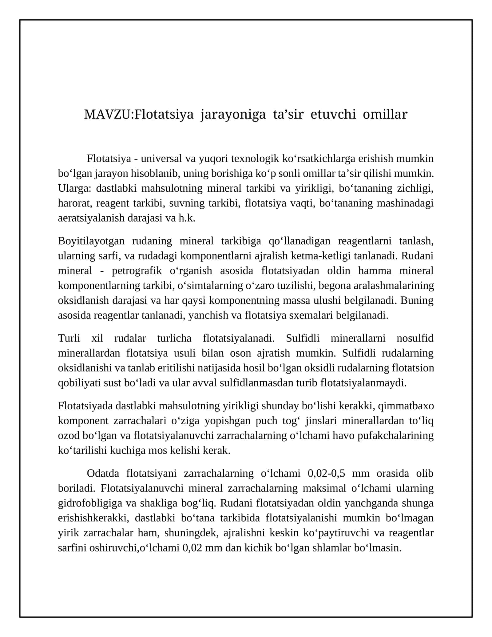 Flоtatsiya jаrаyonigа tа’sir etuvchi оmillаr
