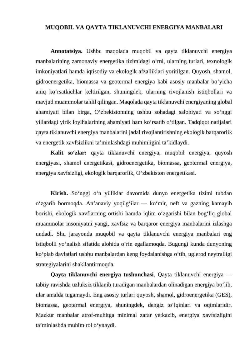 MUQOBIL VA QAYTA TIKLANUVCHI ENERGIYA MANBALARI