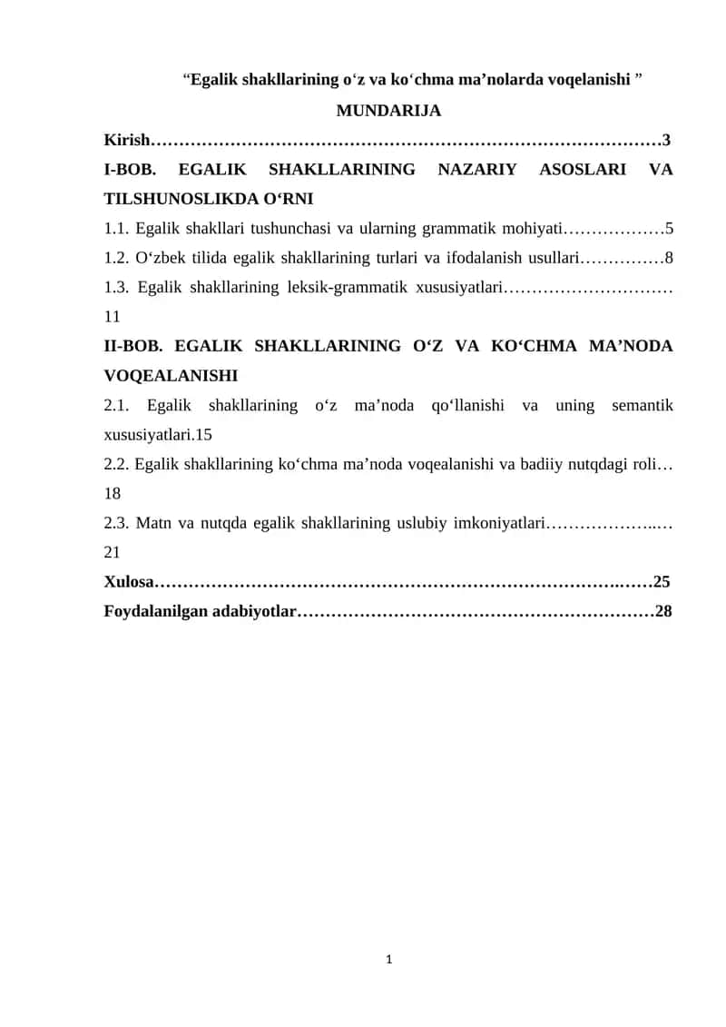 Egalik shakllarining o‘z va ko‘chma ma’nolarda voqelanishi