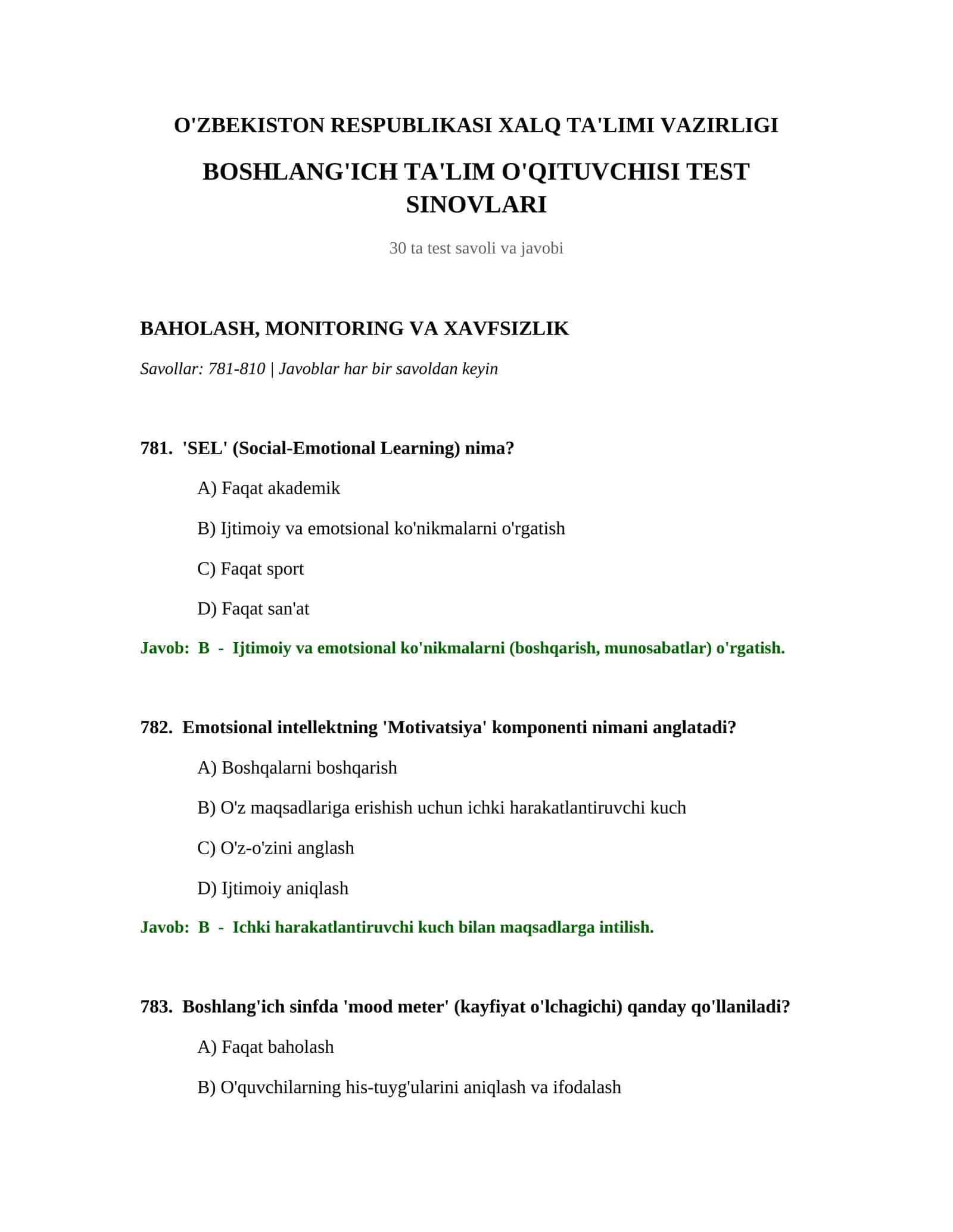 BOSHLANG'ICH TA'LIM O'QITUVCHISI TEST SINOVLARI