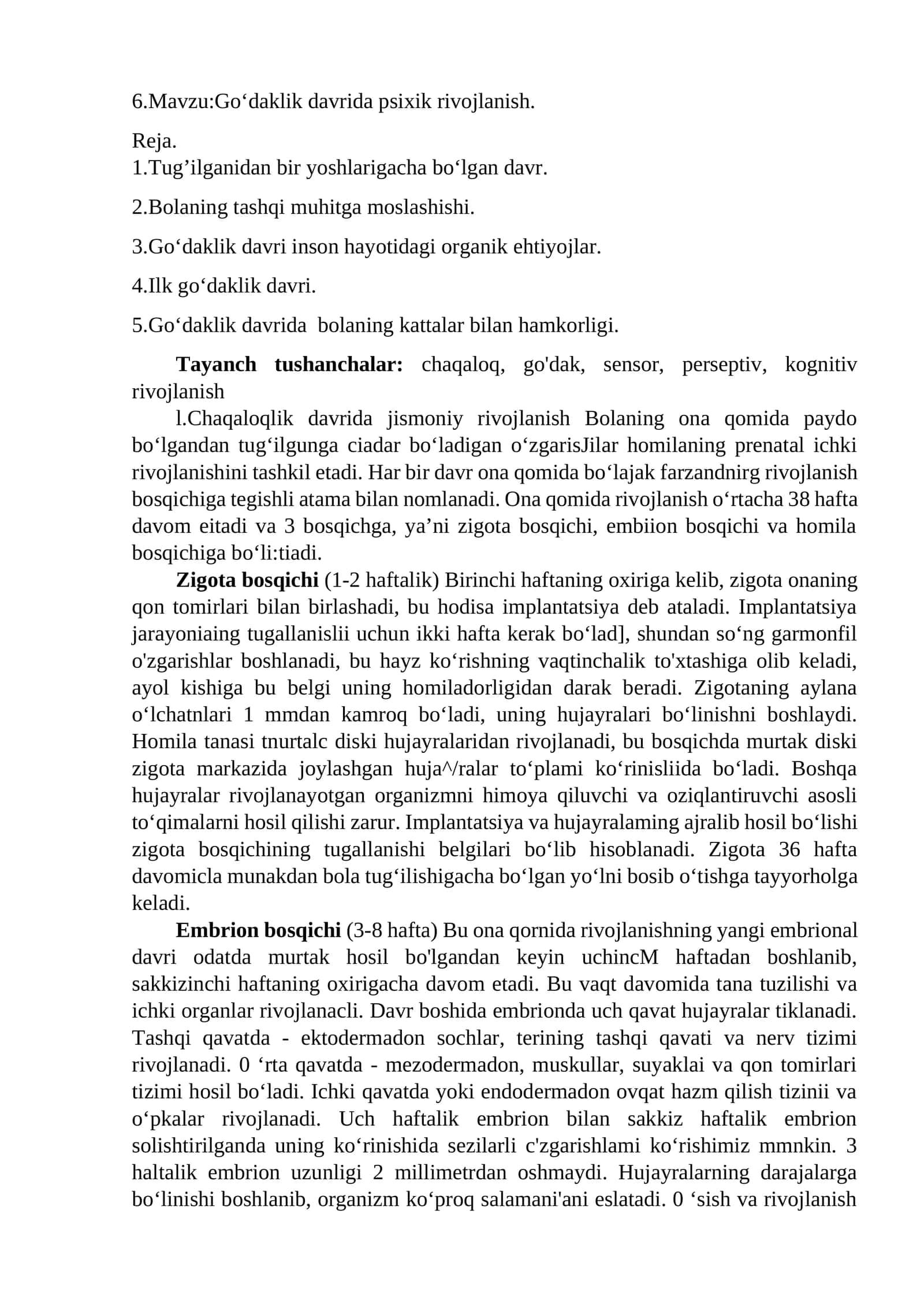 Go‘daklik davrida psixik rivojlanish