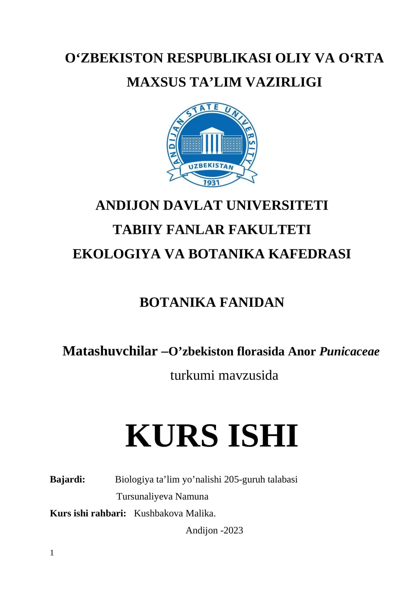 Anor Punicaceae turkumi mavzusida KURS ISHI