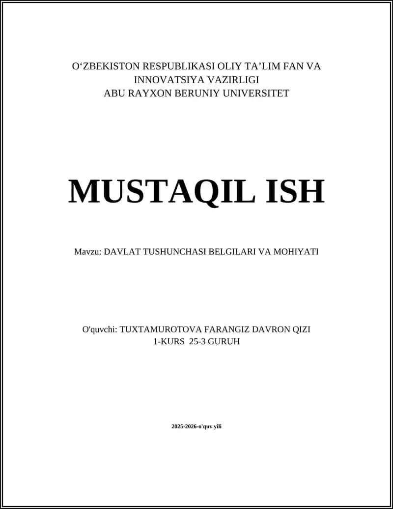 DAVLAT TUSHUNCHASI BELGILARI VA MOHIYATI