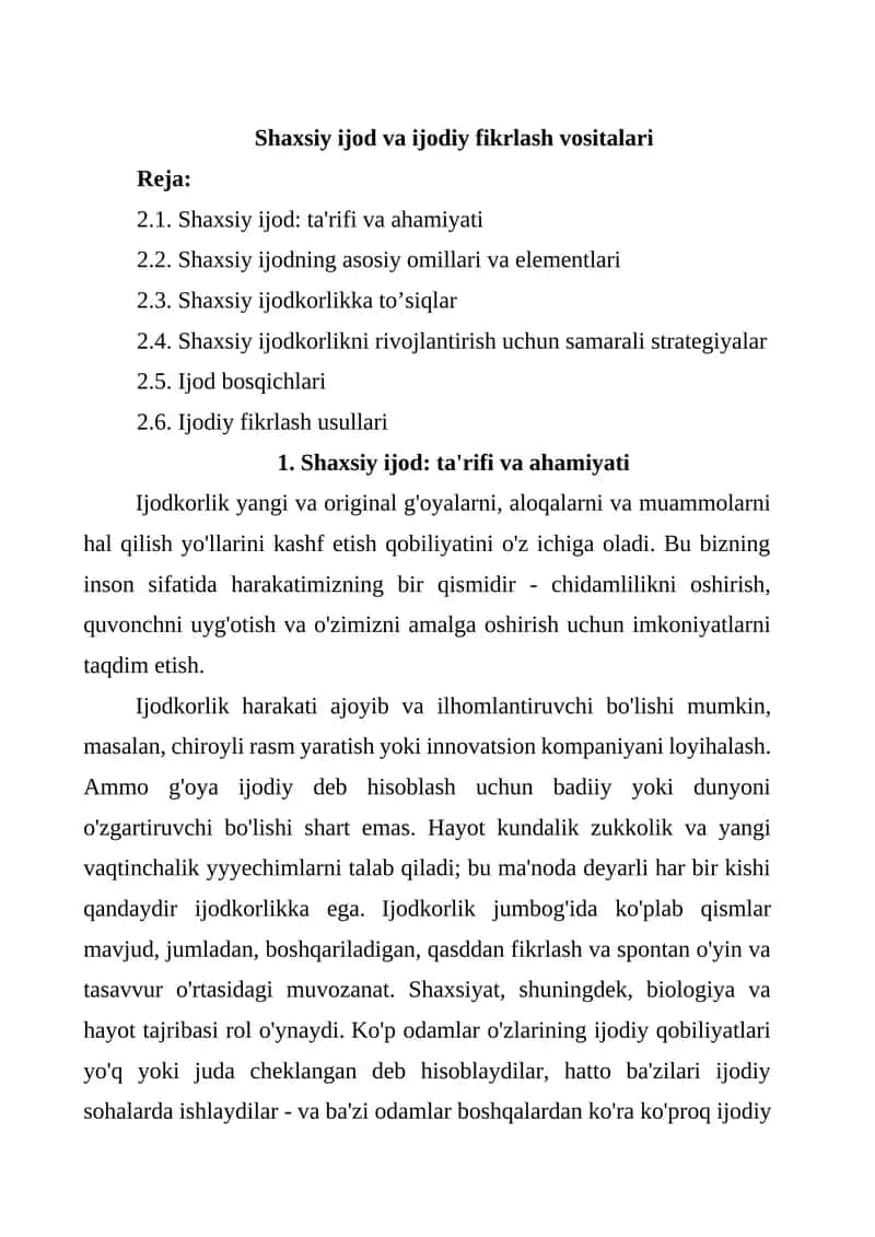 Shaxsiy ijod va ijodiy fikrlash vositalari
