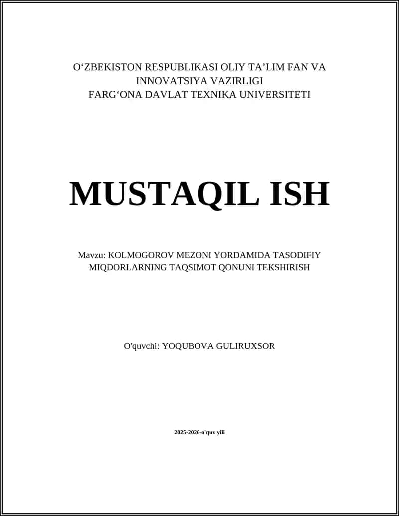 Kolmogorov Mezoni Yordamida Tasodifiy Miqdorlarning Taqsimot Qonuni Tekshirish