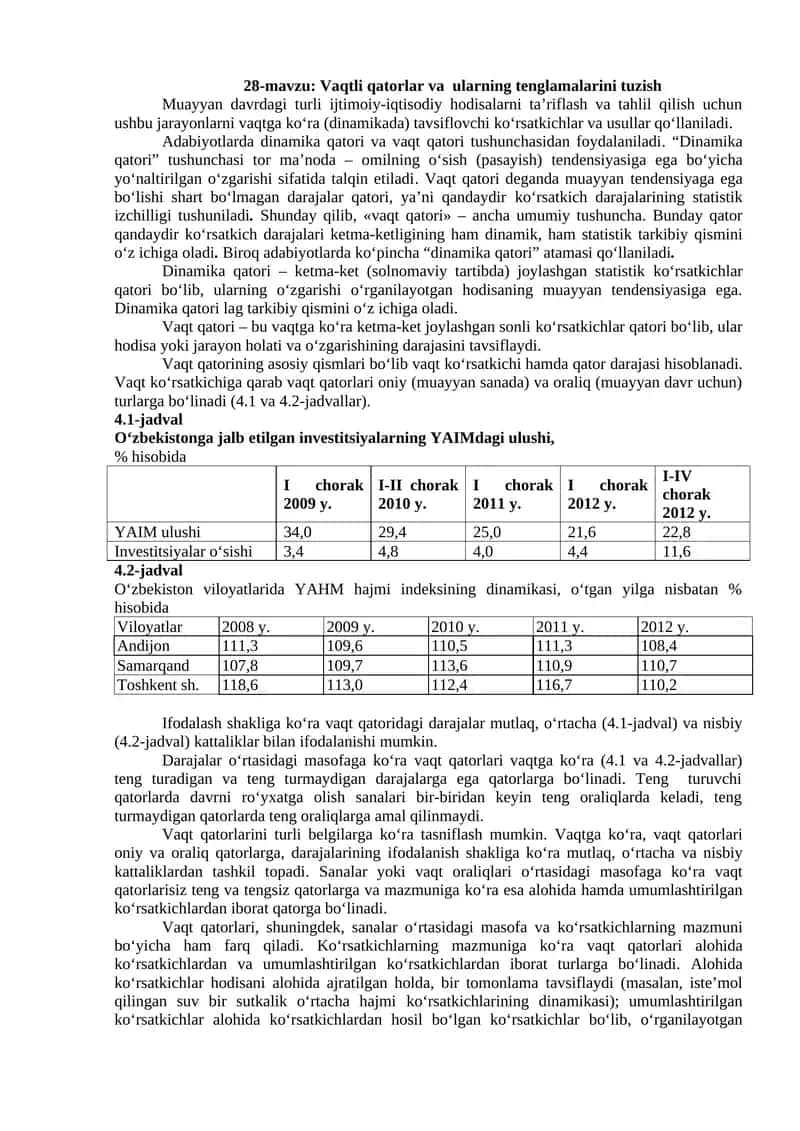 Vaqtli qatorlar va ularning tenglamalarini tuzish