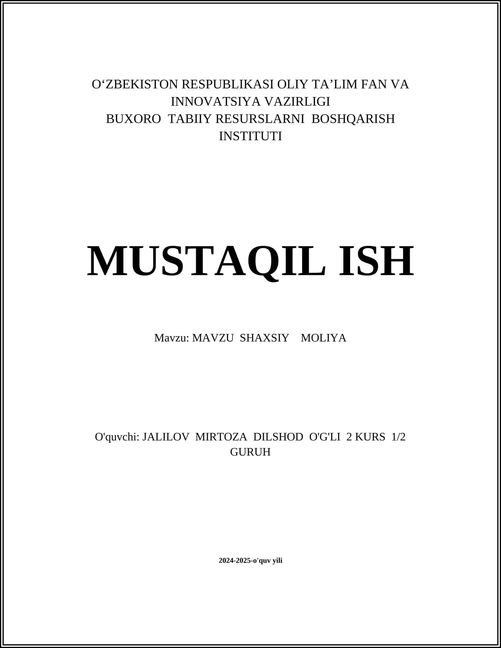 SHAXSIY MOLIYA