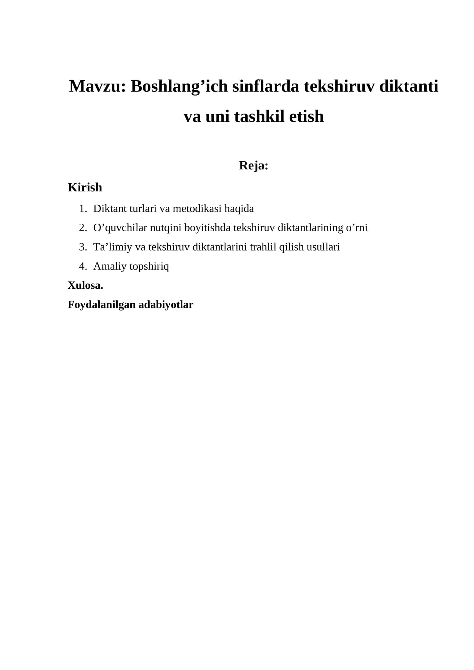 Boshlang'ich sinflarda tekshiruv diktanti va uni tashkil etish