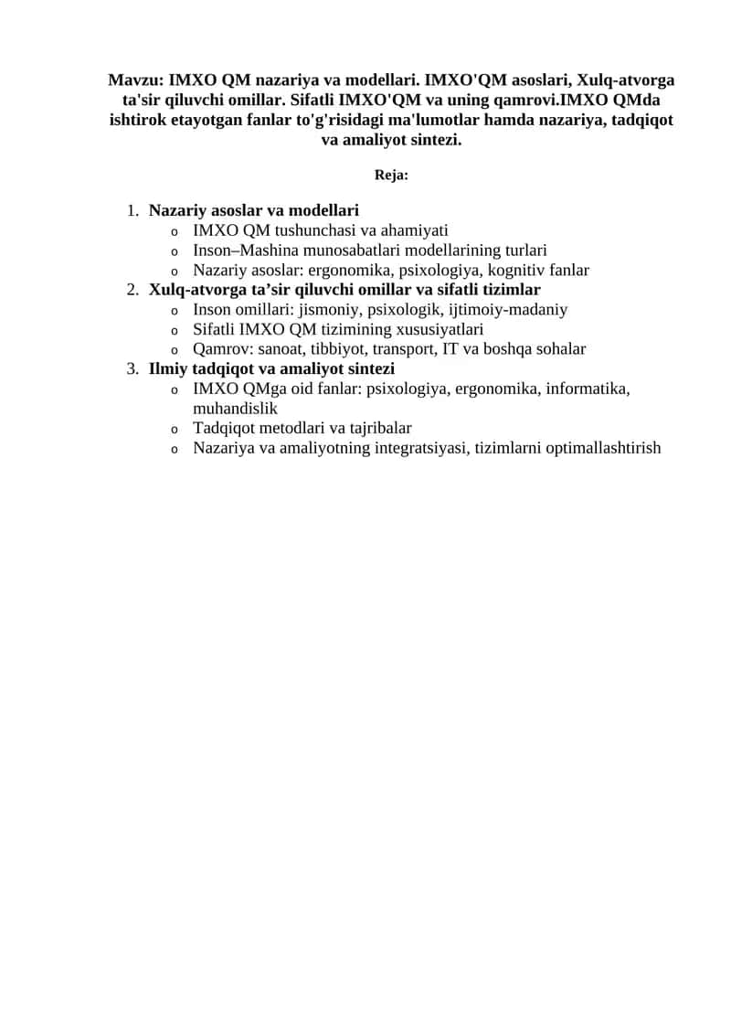 IMXO QM nazariya va modellari