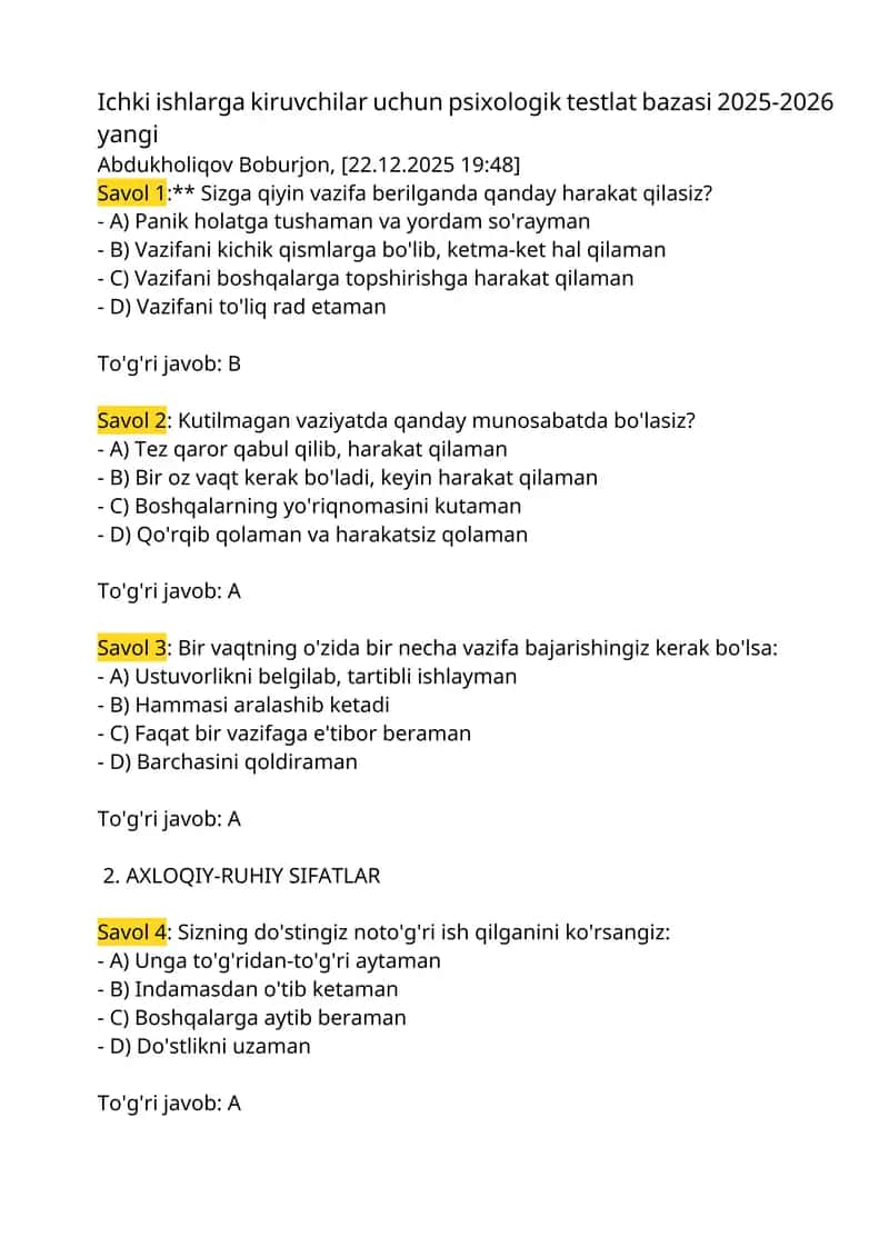 Ichki ishlarga kiruvchilar uchun psixologik testlat bazasi 2025-2026 yangi