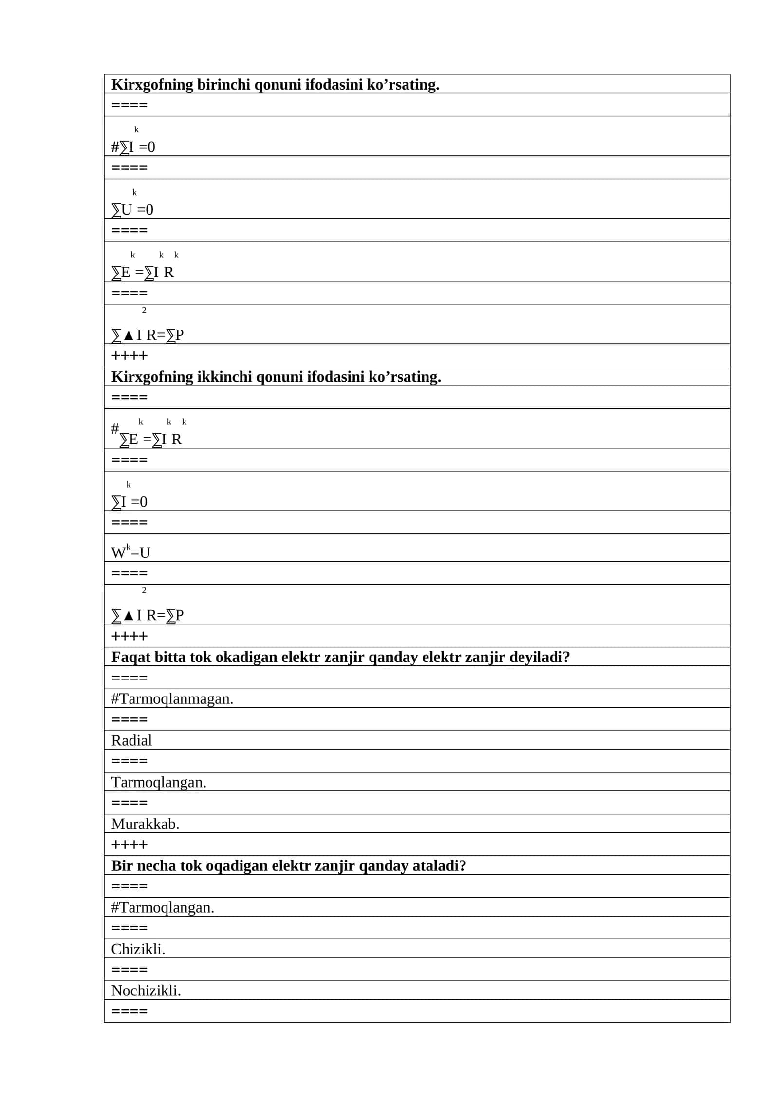 Elektrotexnika asoslari fanidan  test baza yakuniy