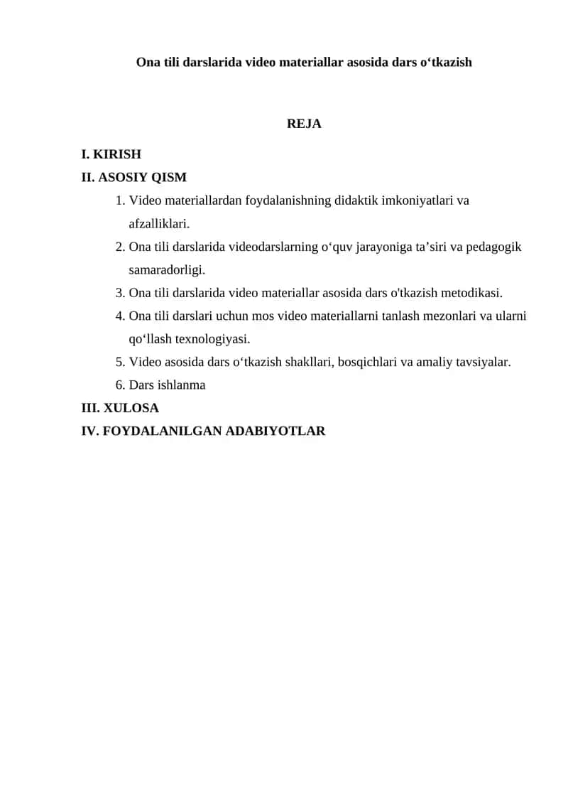 Ona tili darslarida video materiallar asosida dars oʻtkazish