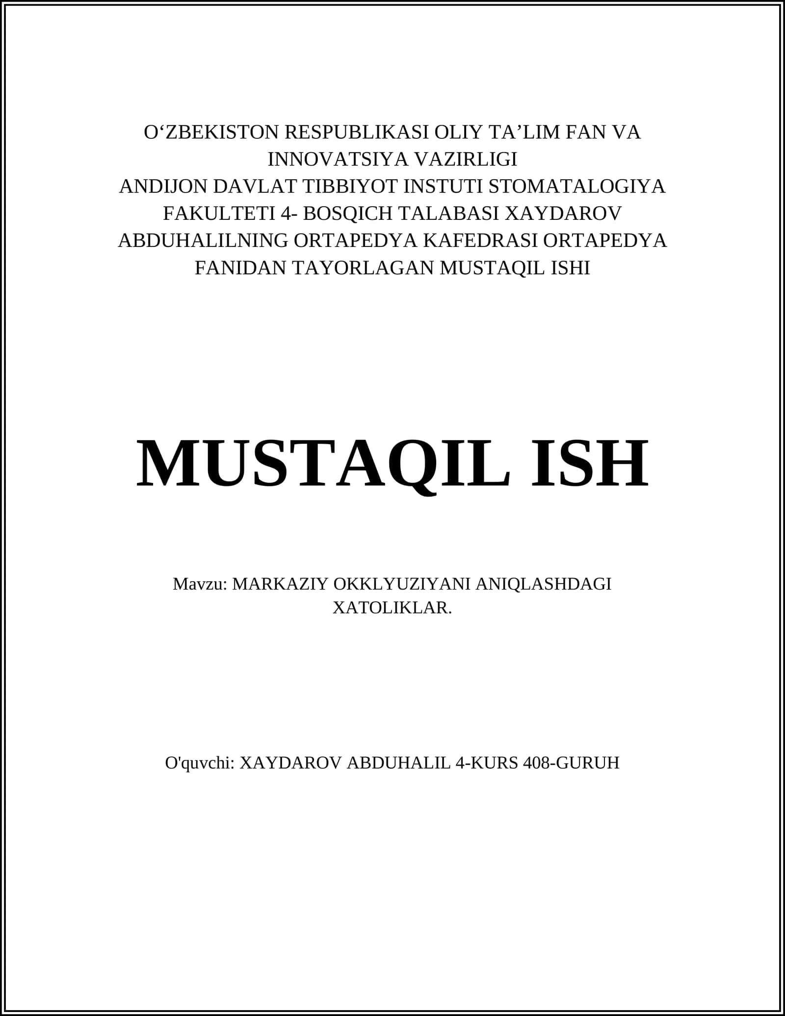 MARKAZIY OKKLYUZIYANI ANIQLASHDAGI XATOLIKLAR