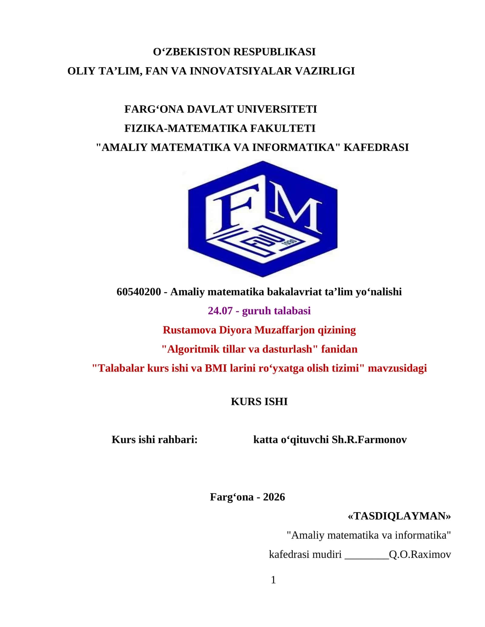 Talabalar kurs ishi va BMI larini ro‘yxatga olish tizimi