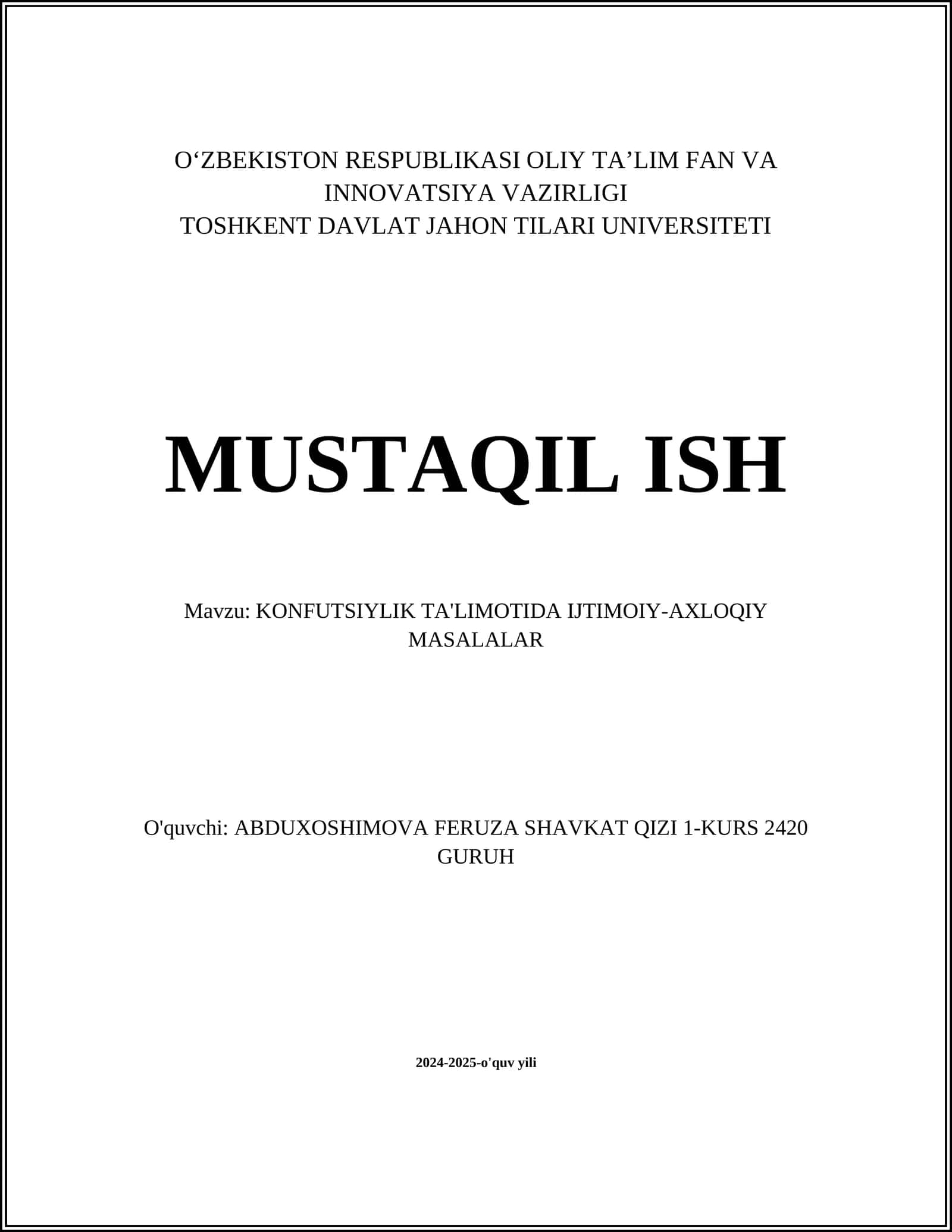 KONFUTSIYLIK TA'LIMOTIDA IJTIMOIY-AXLOQIY MASALALAR
