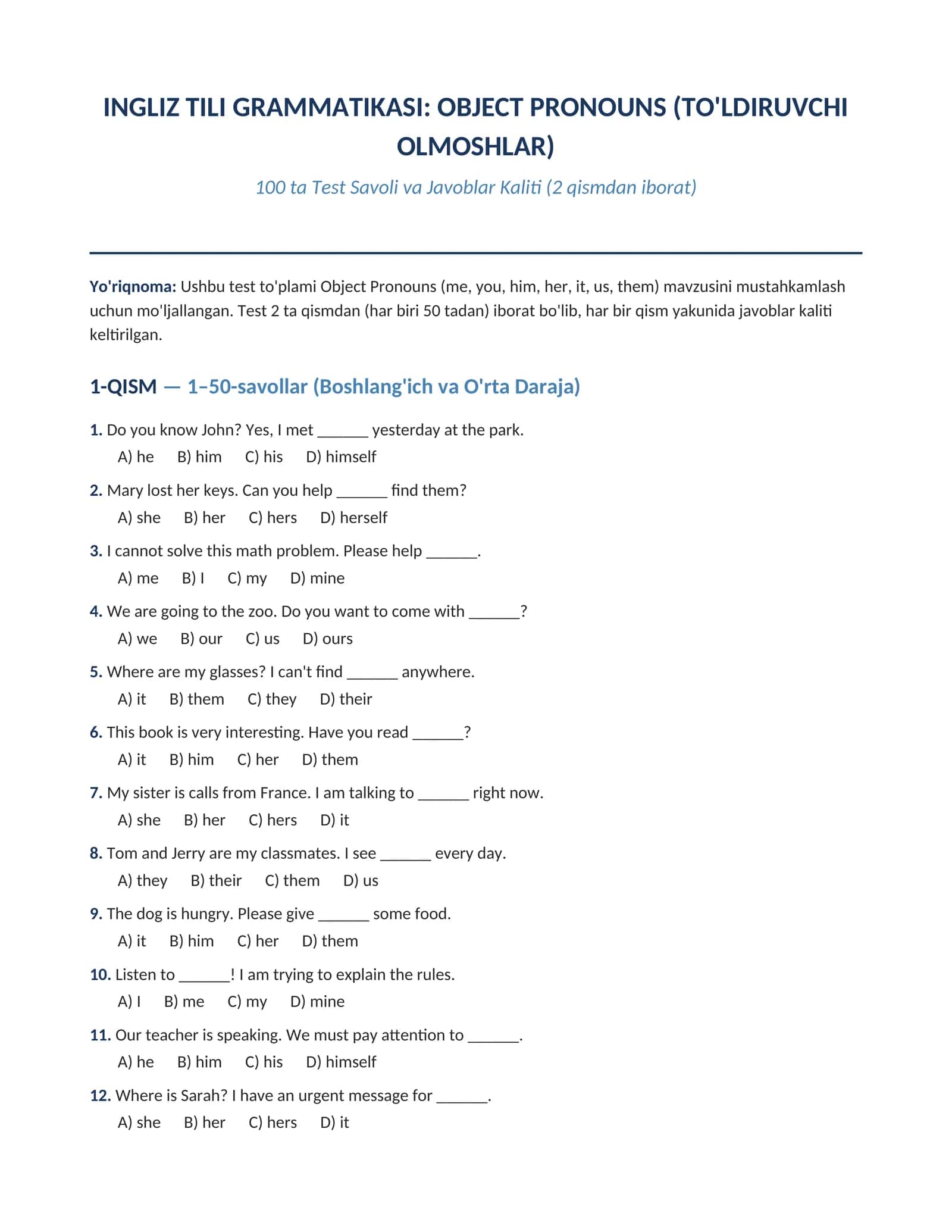 INGLIZ TILI GRAMMATIKASI: OBJECT PRONOUNS (TO'LDIRUVCHI OLMOSHLAR) 100 talik test oxirida javoblari bilan