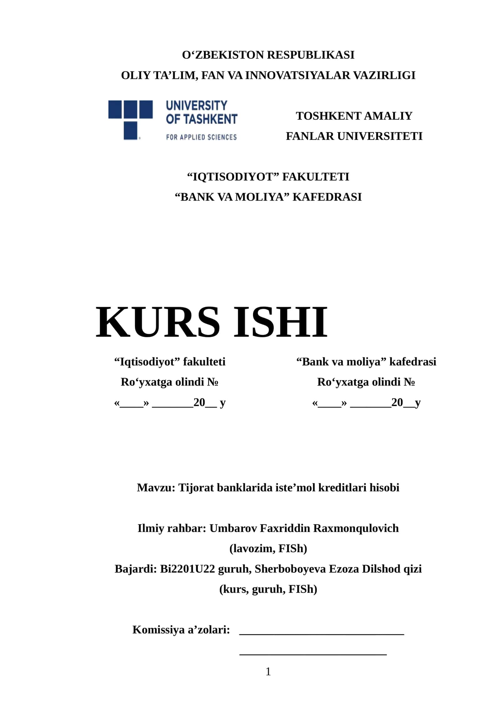 Tijorat banklarida iste’mol kreditlari hisobi