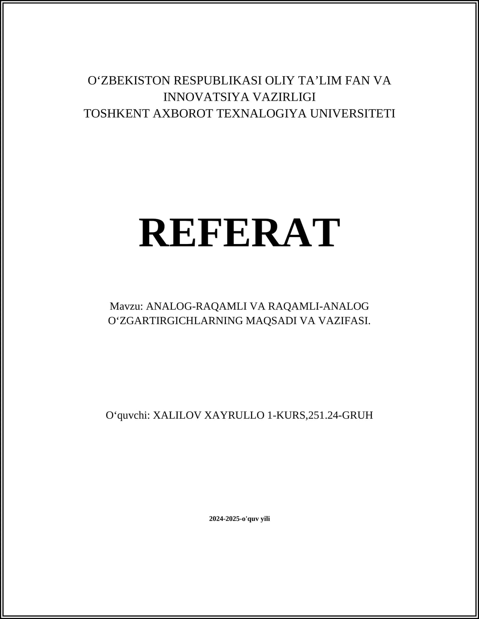 ANALOG-RAQAMLI VA RAQAMLI-ANALOG O‘ZGARTIRGICHLARNING MAQSADI VA VAZIFASI