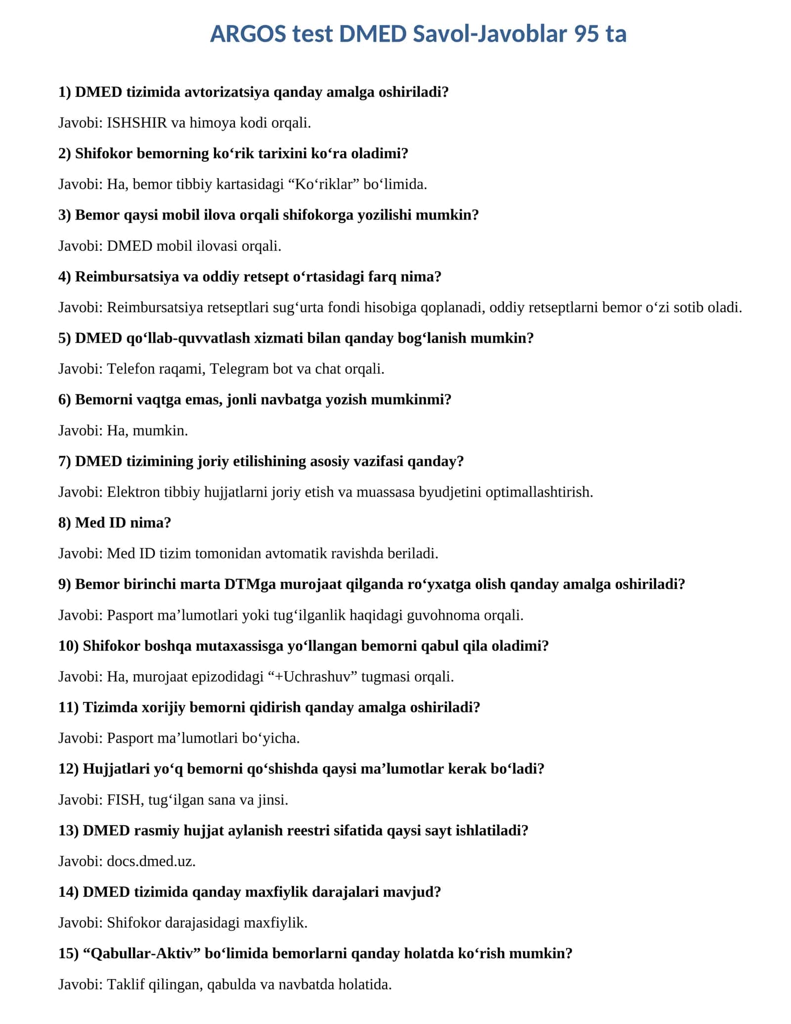ARGOS test DMED Savol-Javoblar 95 ta