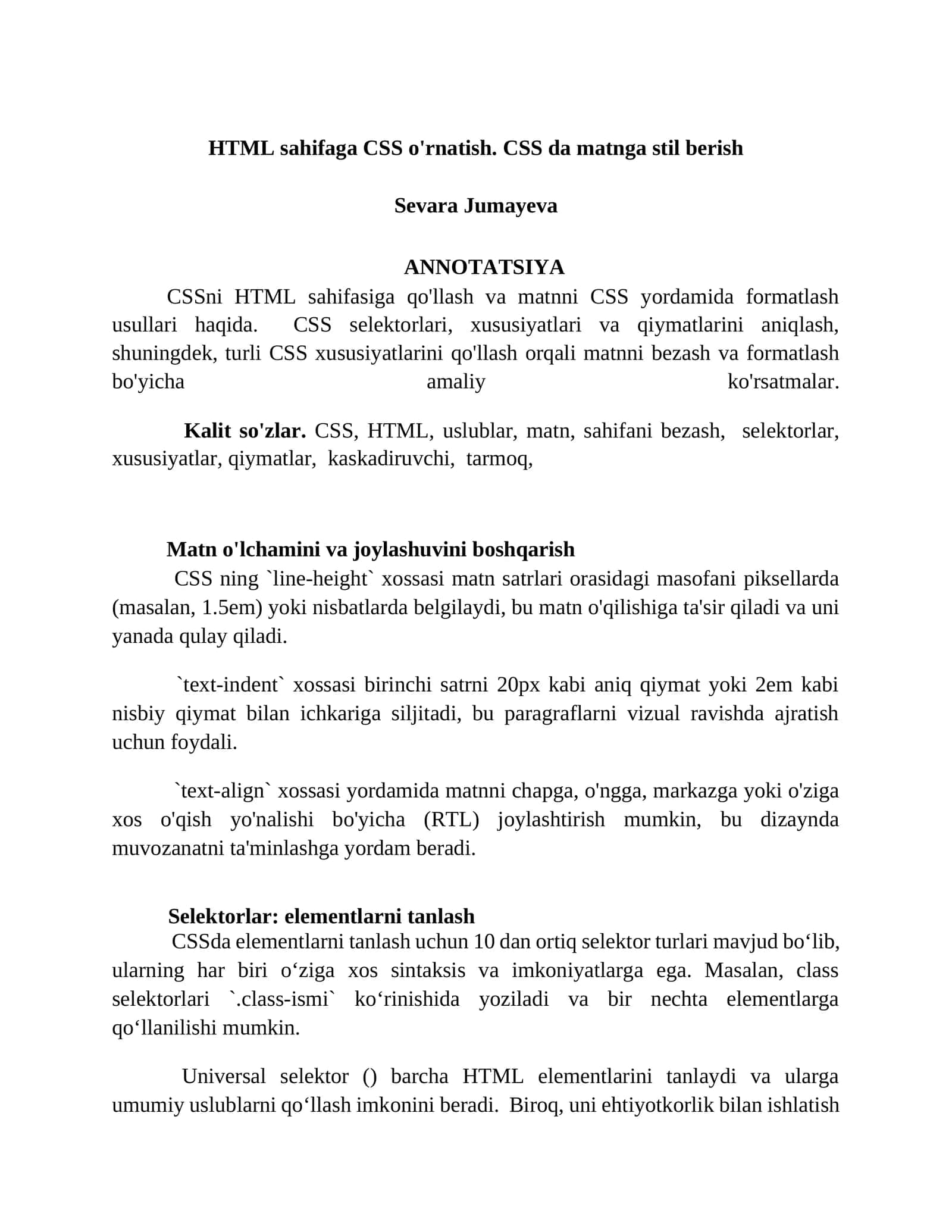 CSSni HTML sahifasiga qo'llash va matnni CSS yordamida formatlash usullari