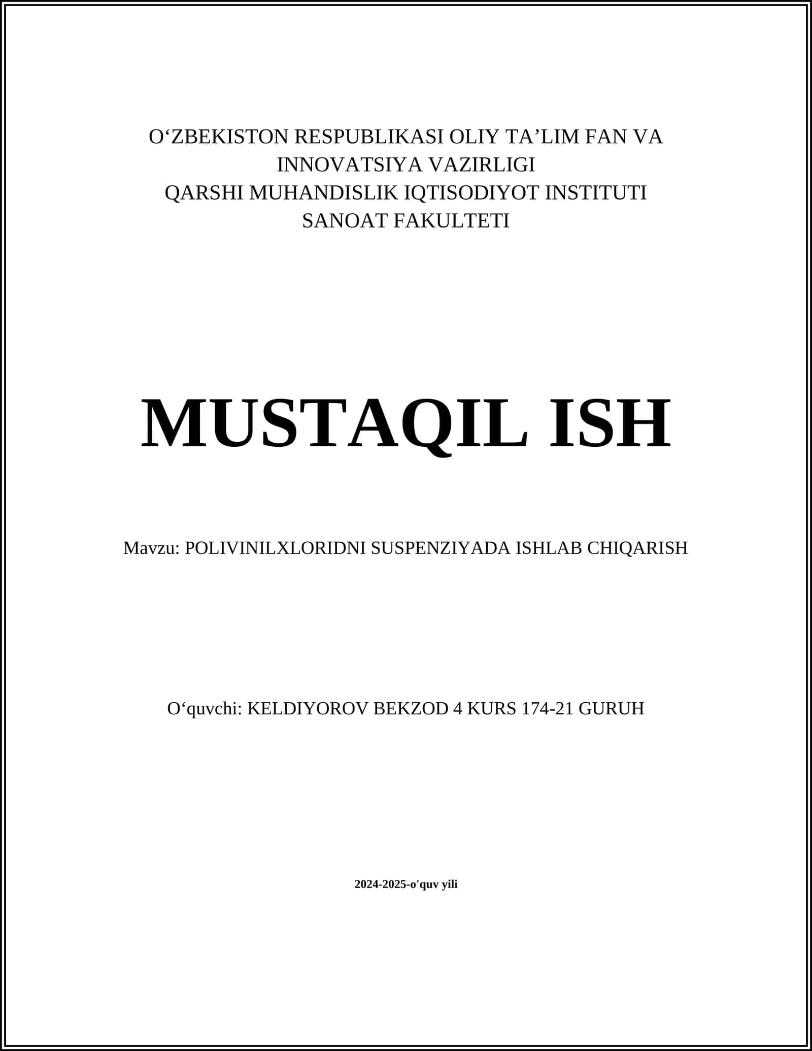 POLIVINILXLORIDNI SUSPENZIYADA ISHLAB CHIQARISH