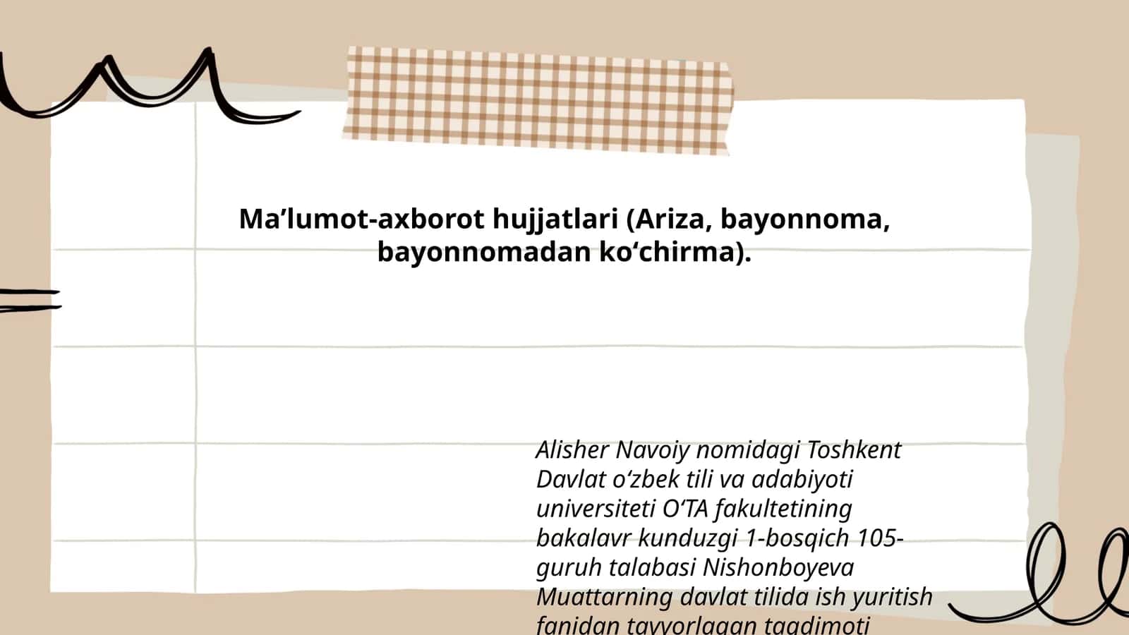 Nishonboyeva Muattarning davlat tilida ish yuritish fanidan tayyorlagan taqdimoti