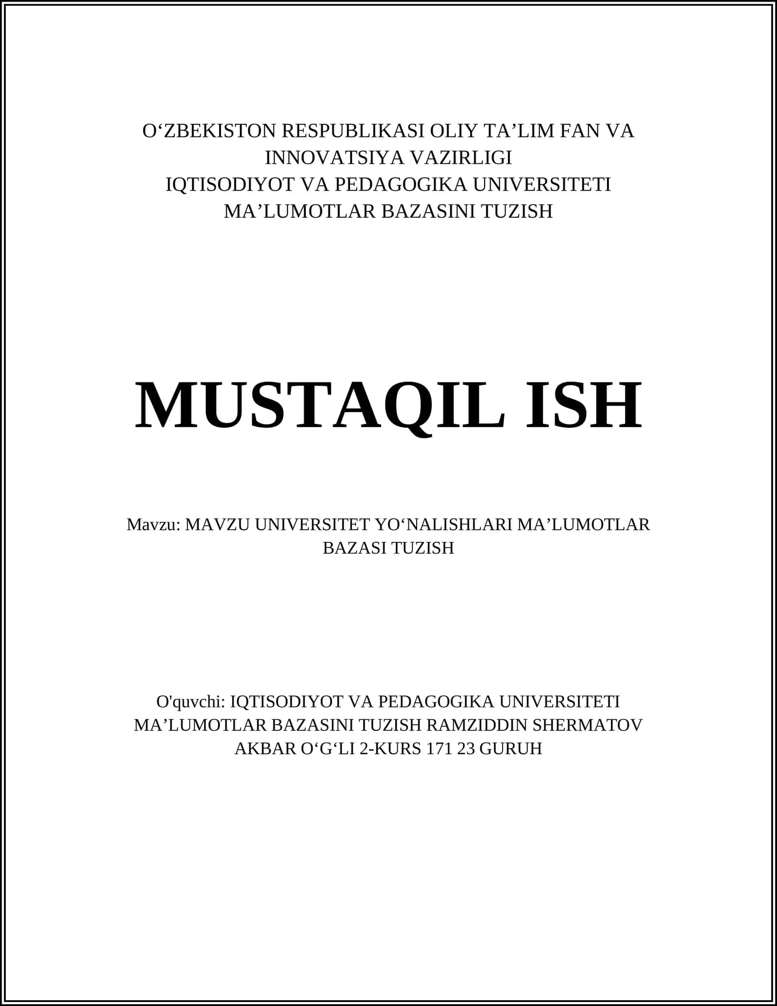 MAʼLUMOTLAR BAZASINI TUZISH