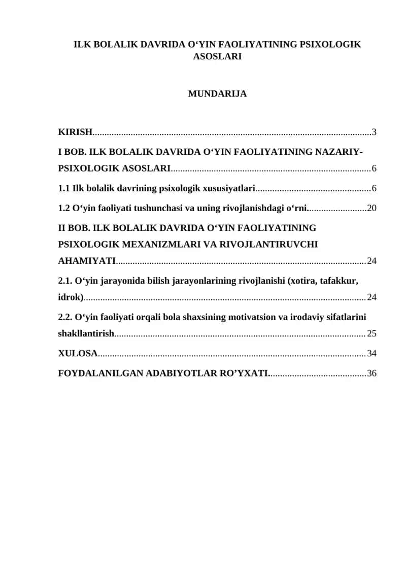 Ilk bolalik davrida o‘yin faoliyatining psixologik asoslari