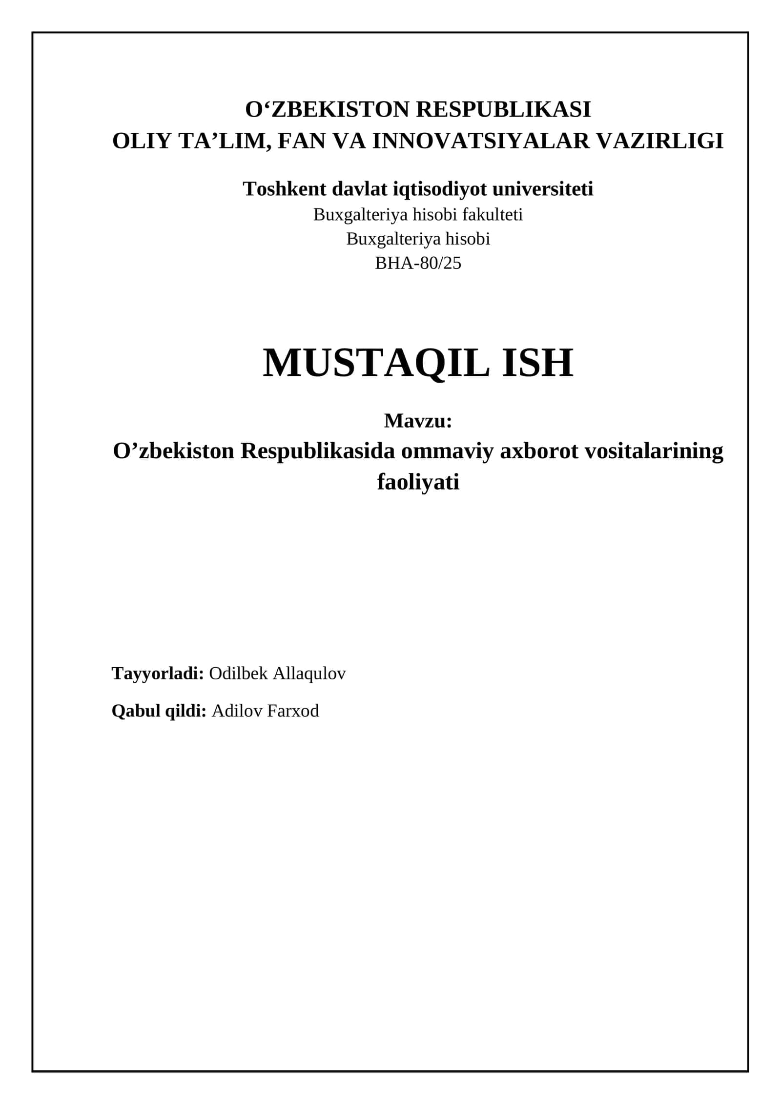 O’zbekiston Respublikasida ommaviy axborot vositalarining faoliyati