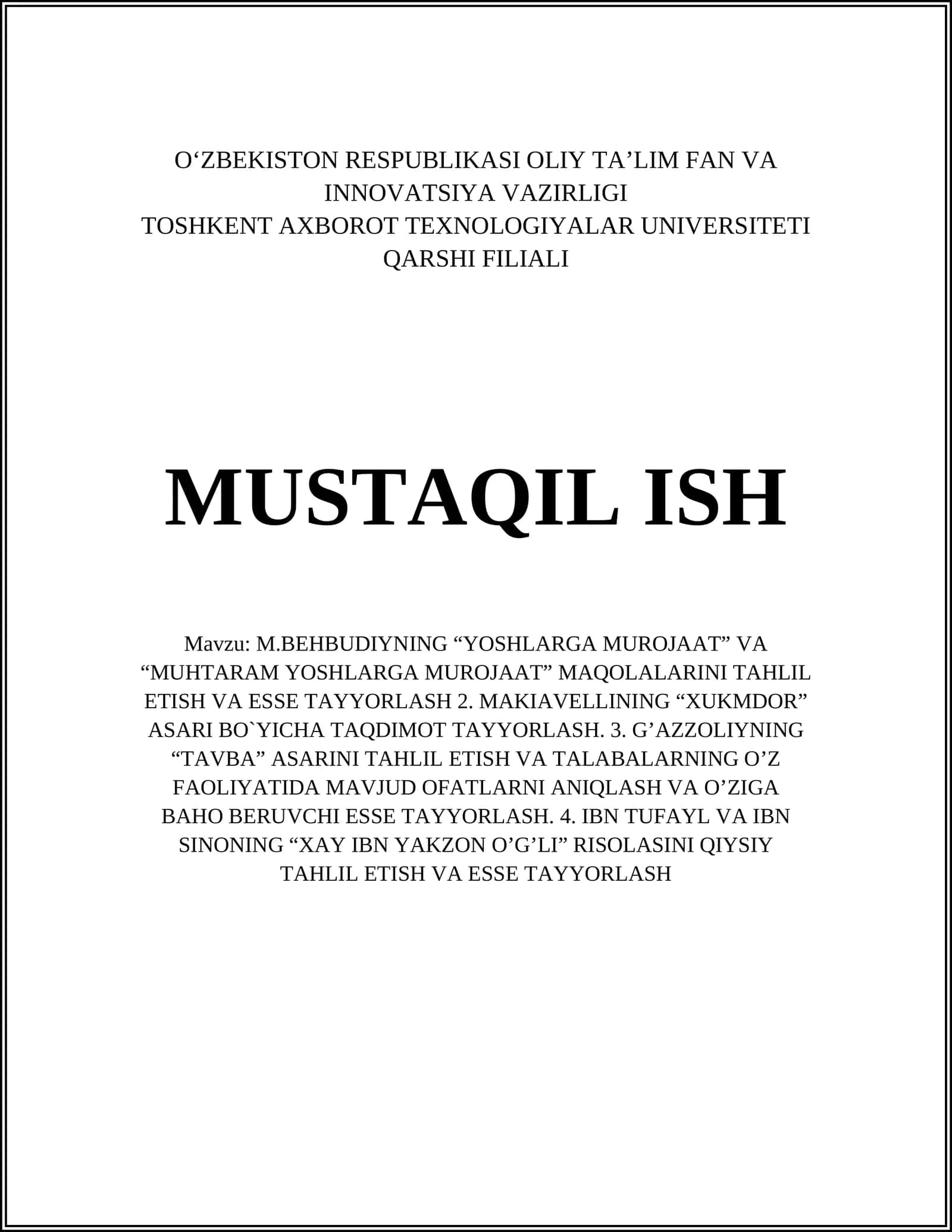 M.BEHBUDIYNING “YOSHLARGA MUROJAAT” VA “MUHTARAM YOSHLARGA MUROJAAT” MAQOLALARINI TAHLIL ETISH VA ESSE TAYYORLASH